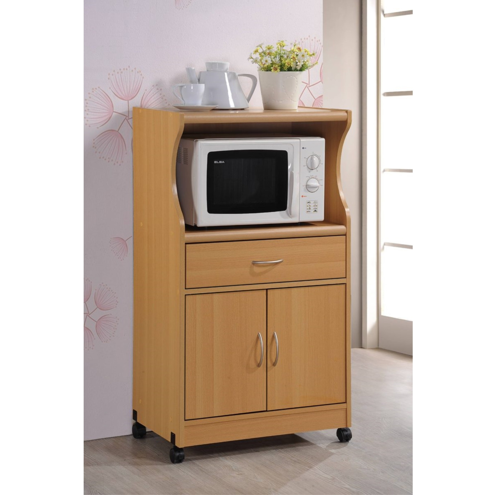 Hodedah Microwave Kitchen Cart in Beech