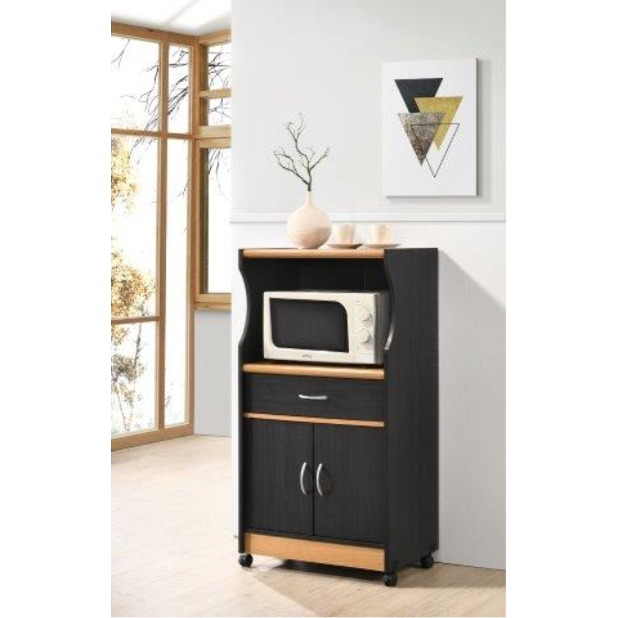 Hodedah Microwave Kitchen Cart in Black-Beech