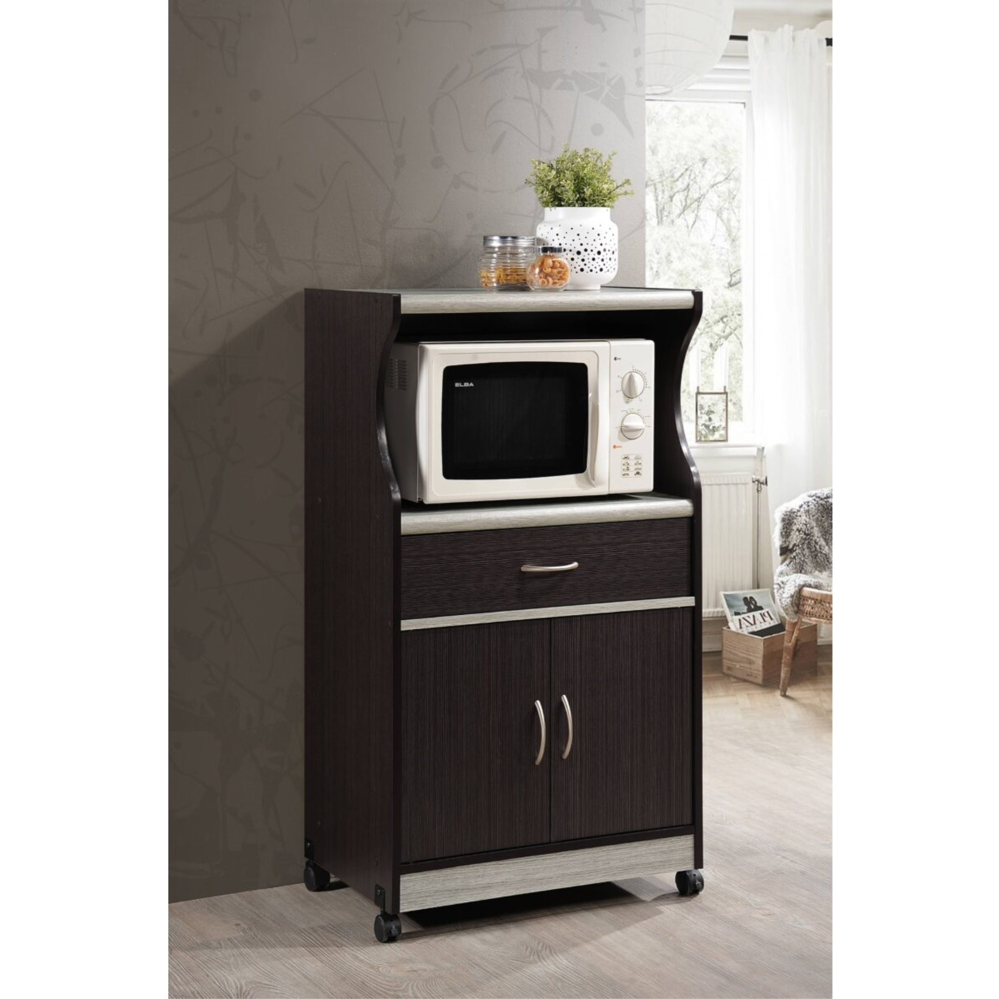 Hodedah Microwave Kitchen Cart in Chocolate-Grey