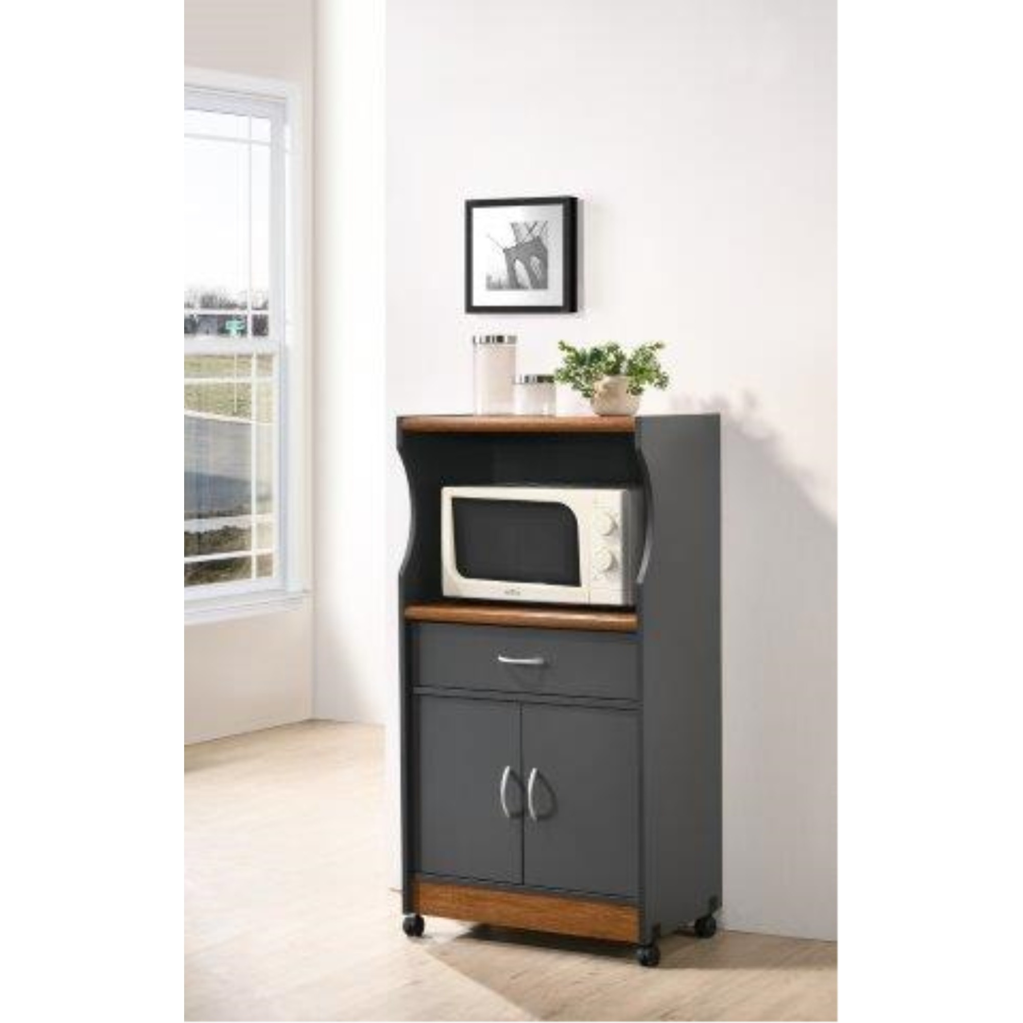 Hodedah Microwave Kitchen Cart in Grey-Oak