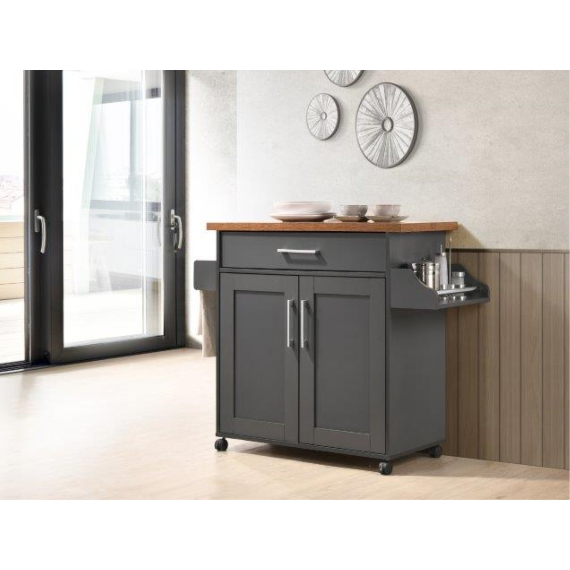 Hodedah Kitchen Island with Spice Rack plus Towel Holder in Grey-Oak
