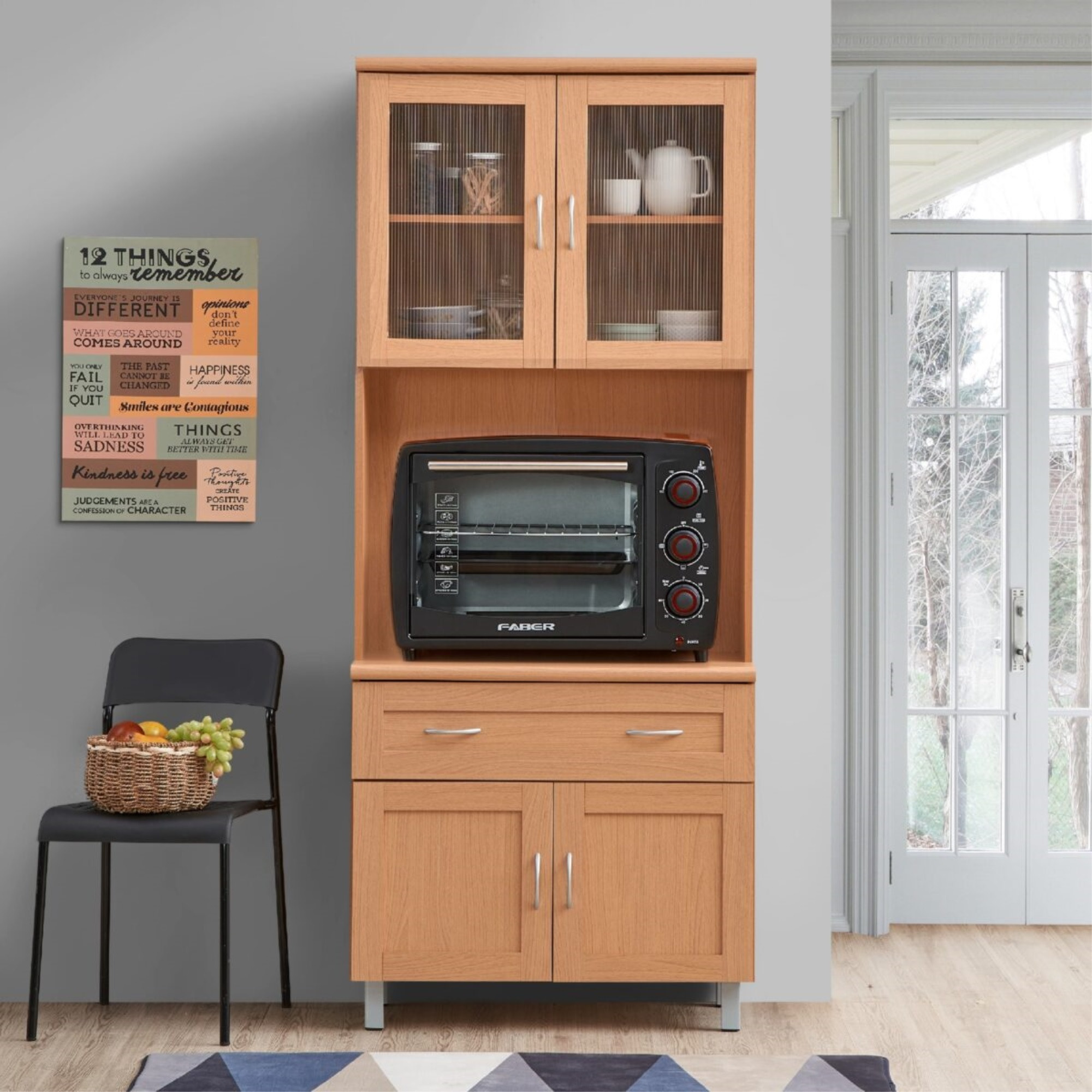 Hodedah Kitchen Cabinet with Top and Bottom Enclosed Cabinet Space in Beech