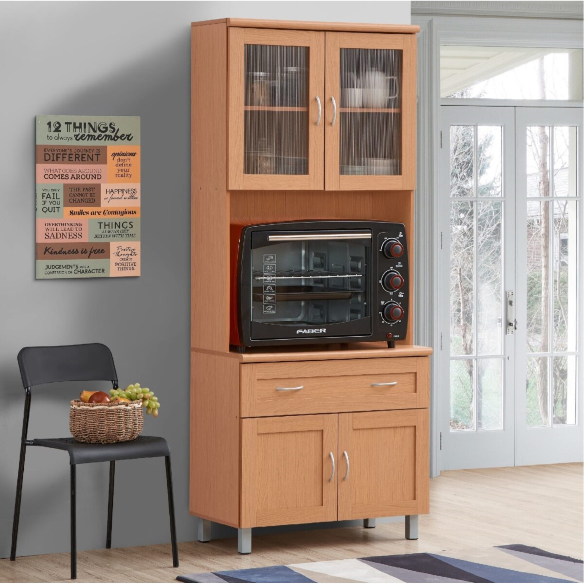 Hodedah Kitchen Cabinet with Top and Bottom Enclosed Cabinet Space in Beech