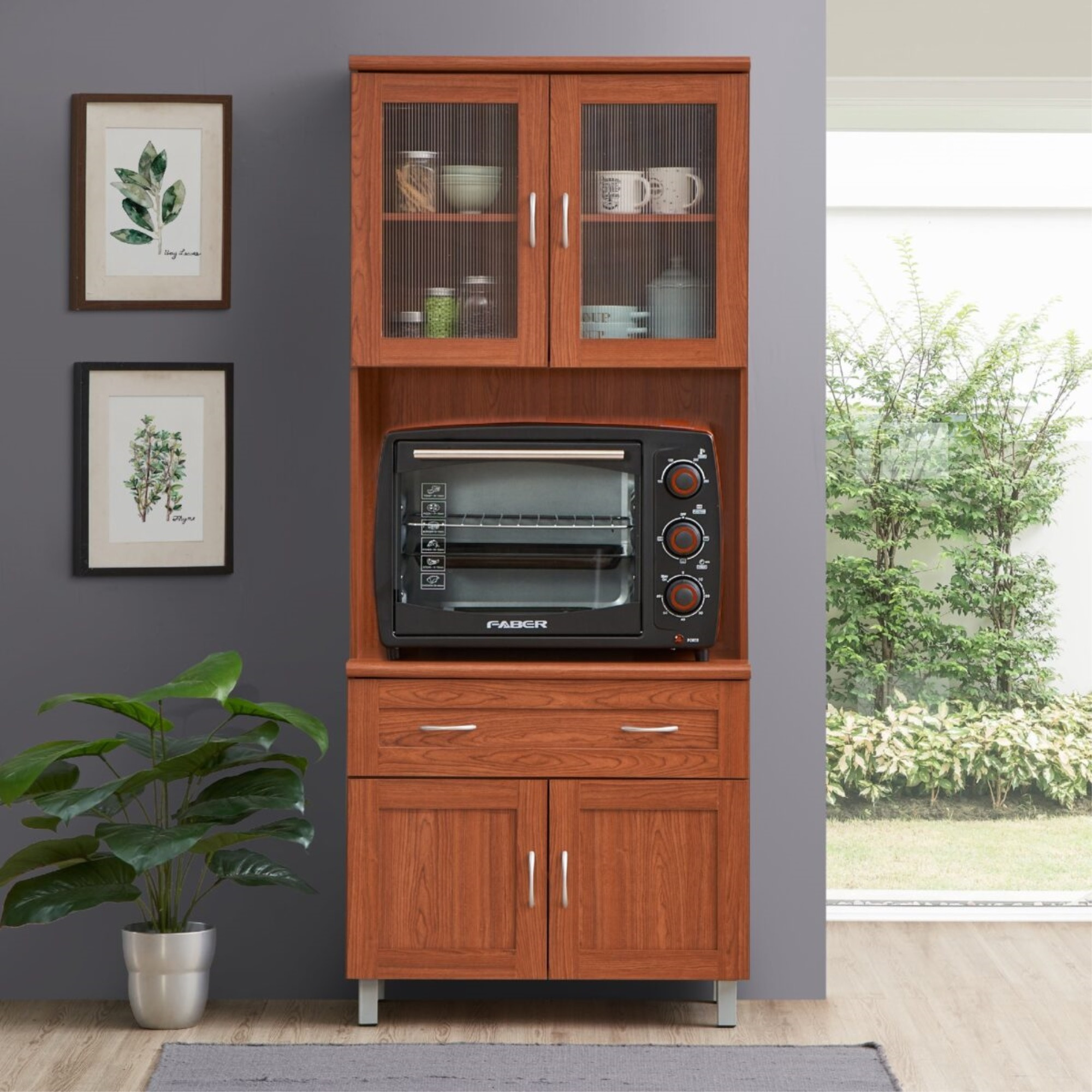Hodedah Kitchen Cabinet with Top and Bottom Enclosed Cabinet Space in Cherry
