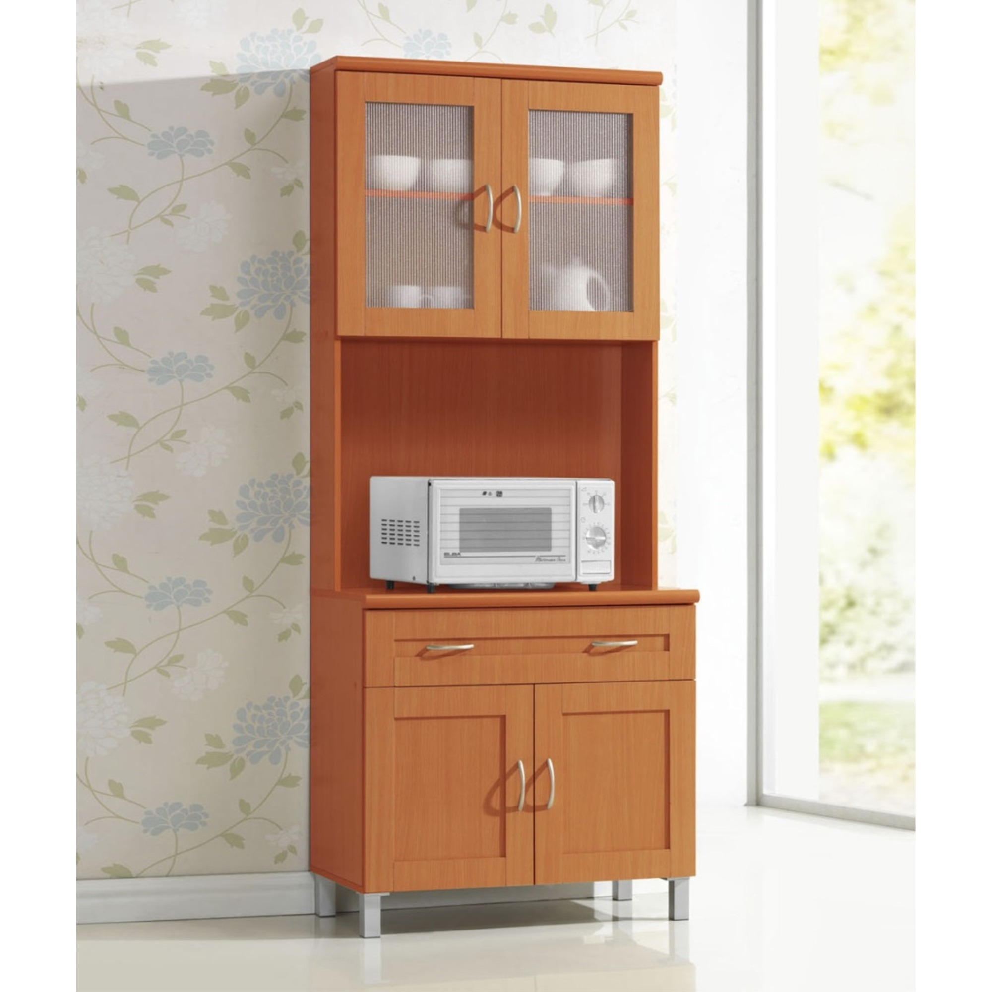 Hodedah Kitchen Cabinet with Top and Bottom Enclosed Cabinet Space in Cherry