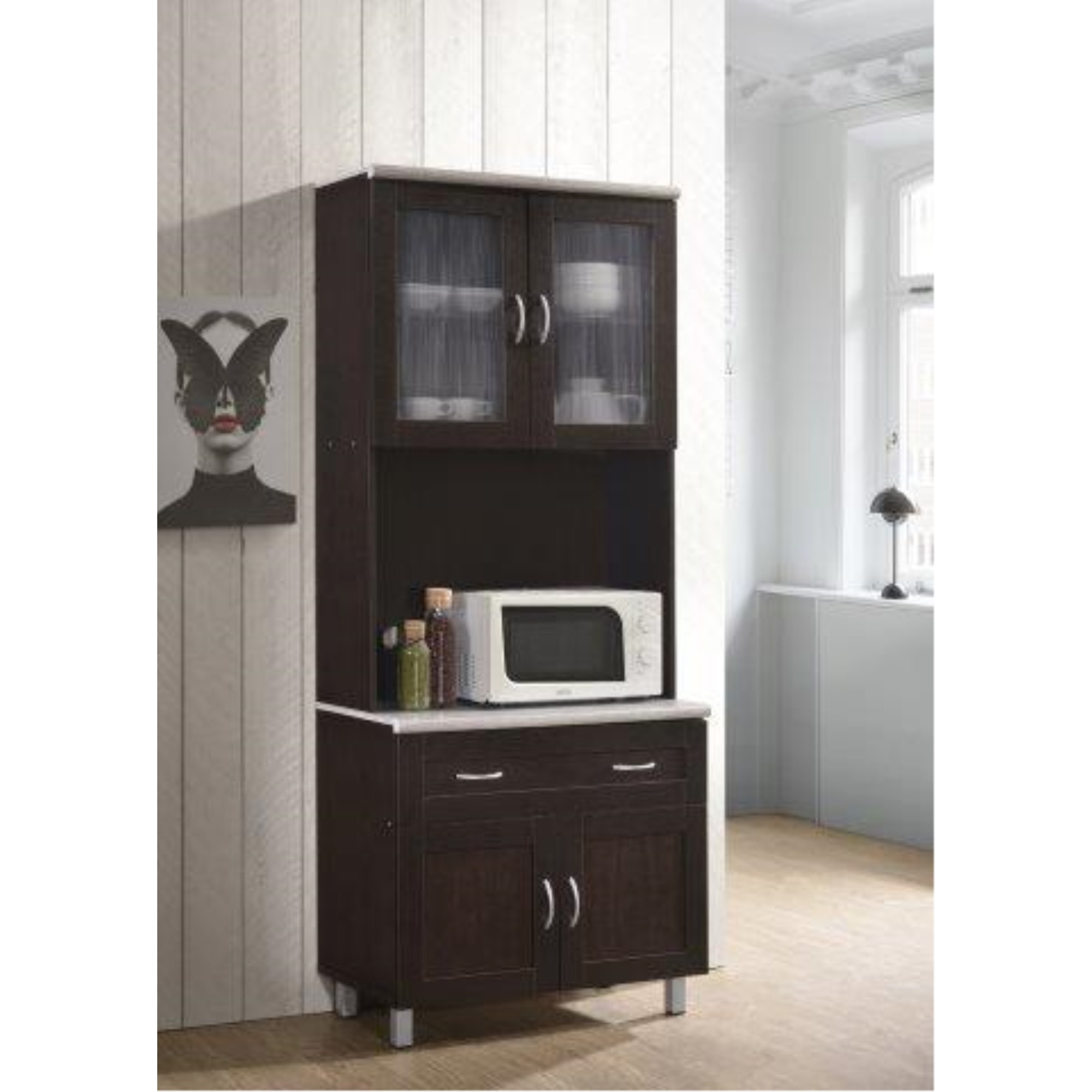 Hodedah Kitchen Cabinet with Top and Bottom Enclosed Cabinet Space in Chocolate-Grey