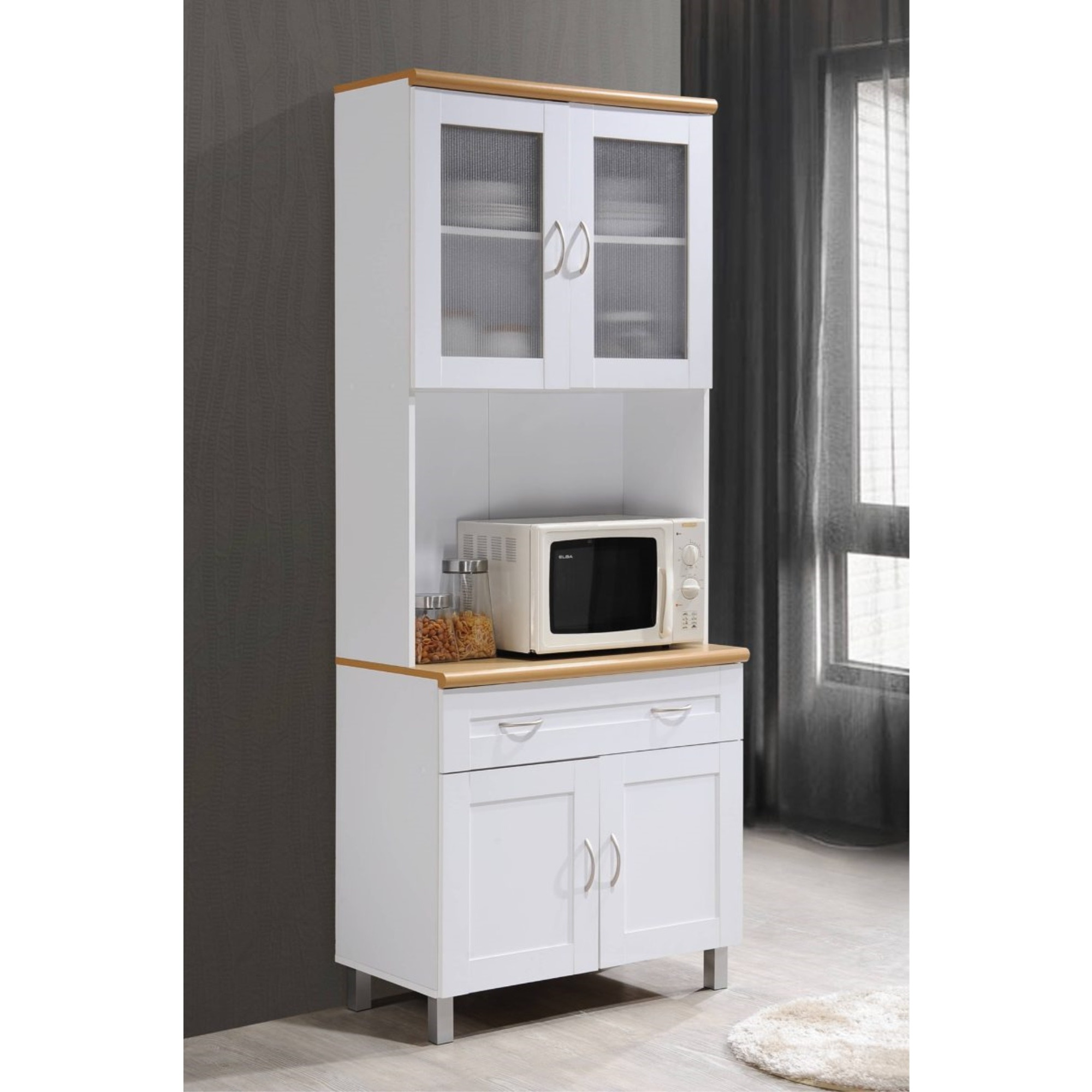 Hodedah Kitchen Cabinet with Top and Bottom Enclosed Cabinet Space in White