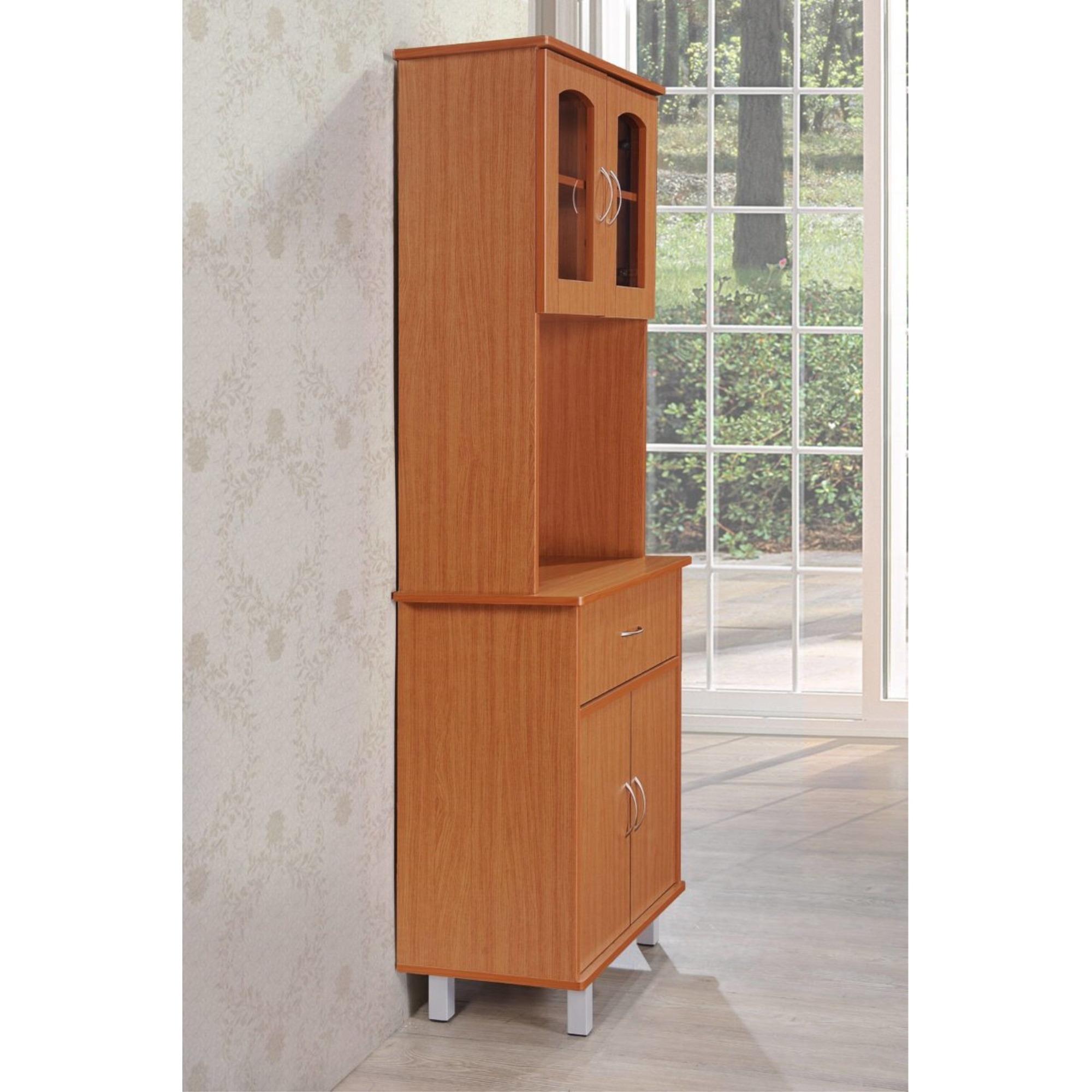 Hodedah Kitchen Cabinet with Top and Bottom Enclosed Cabinet Space, 1-Drawer, plus Large Open Space for Microwave in Cherry