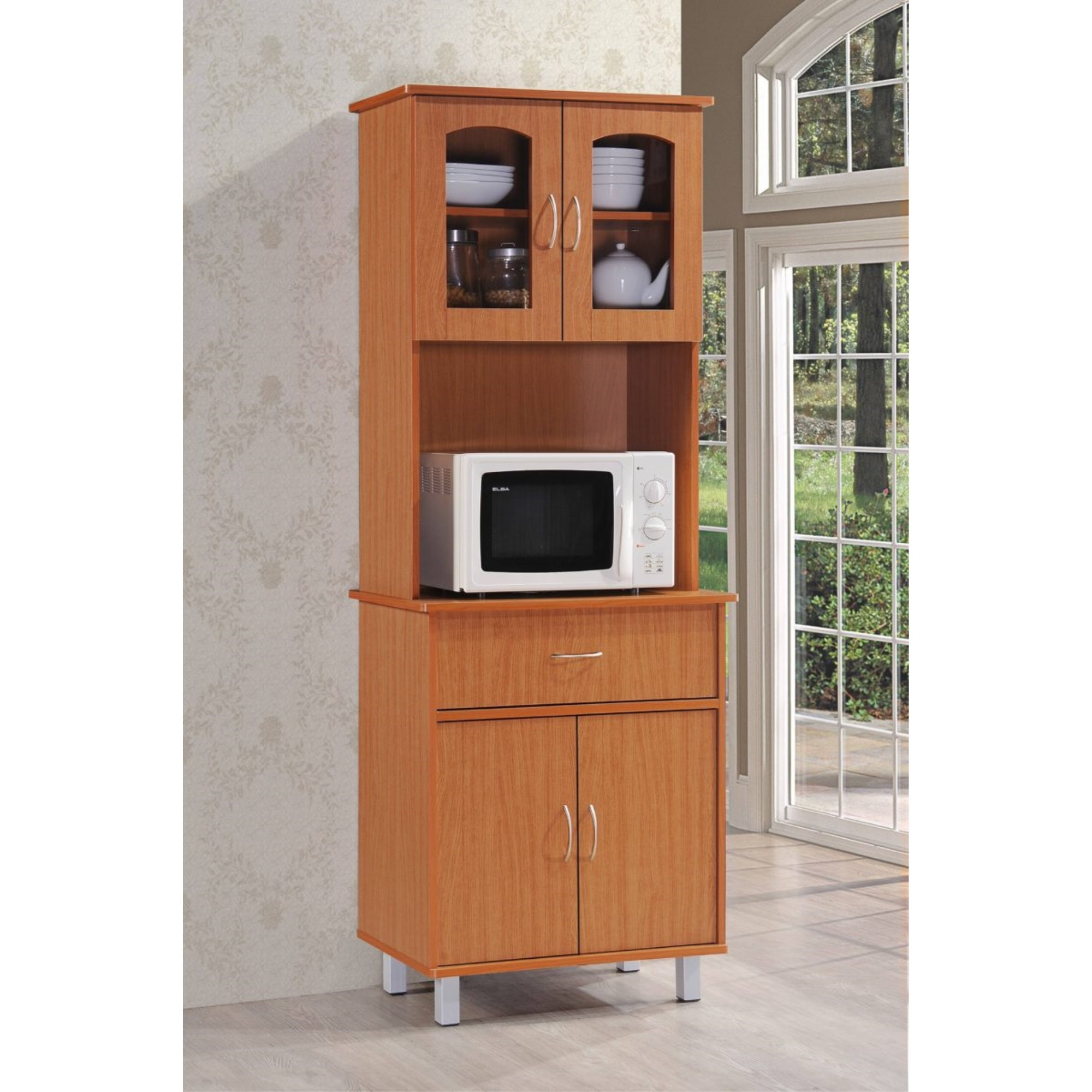 Hodedah Kitchen Cabinet with Top and Bottom Enclosed Cabinet Space, 1-Drawer, plus Large Open Space for Microwave in Cherry