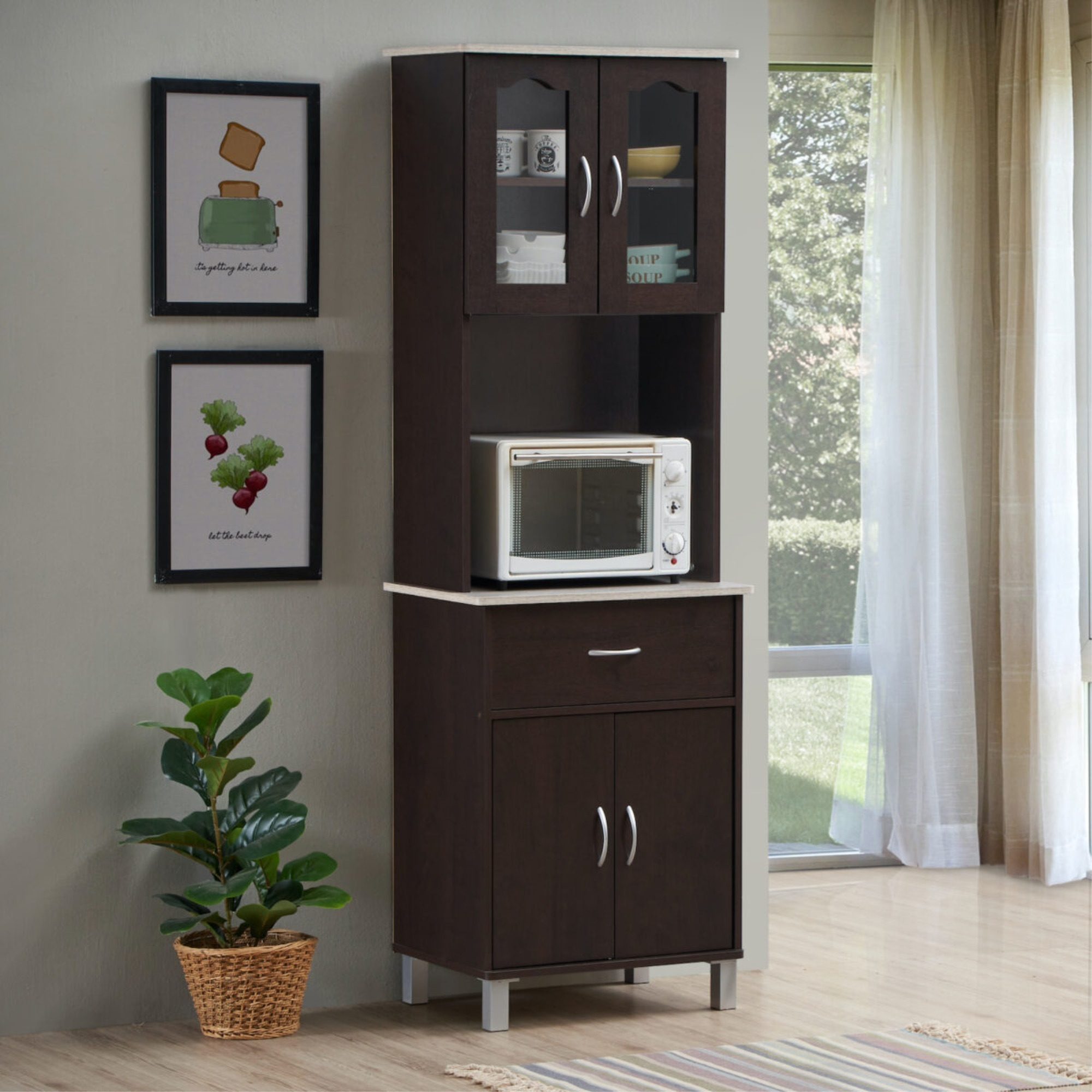 Hodedah Kitchen Cabinet with Top and Bottom Enclosed Cabinet Space, 1-Drawer, plus Large Open Space for Microwave in Chocolate-Grey