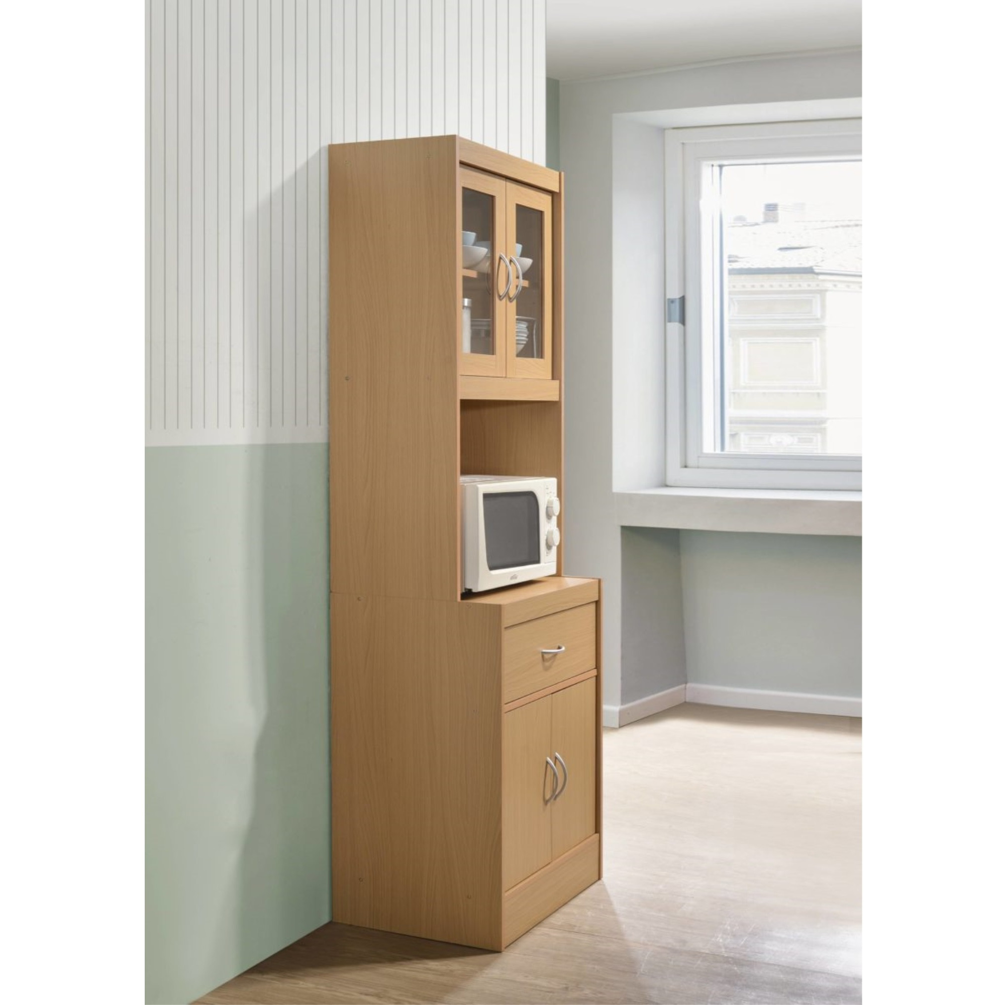 Hodedah Kitchen Cabinet with 1-Drawer, plus Space for Microwave in Beech