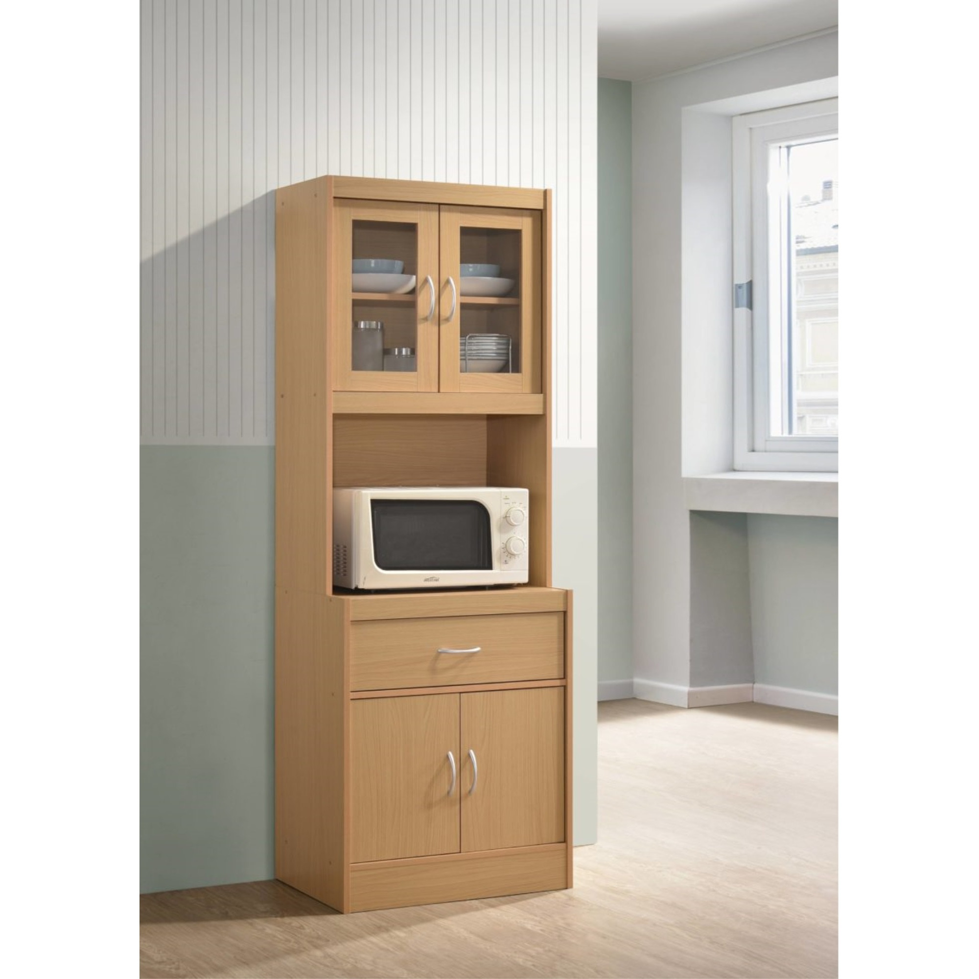 Hodedah Kitchen Cabinet with 1-Drawer, plus Space for Microwave in Beech
