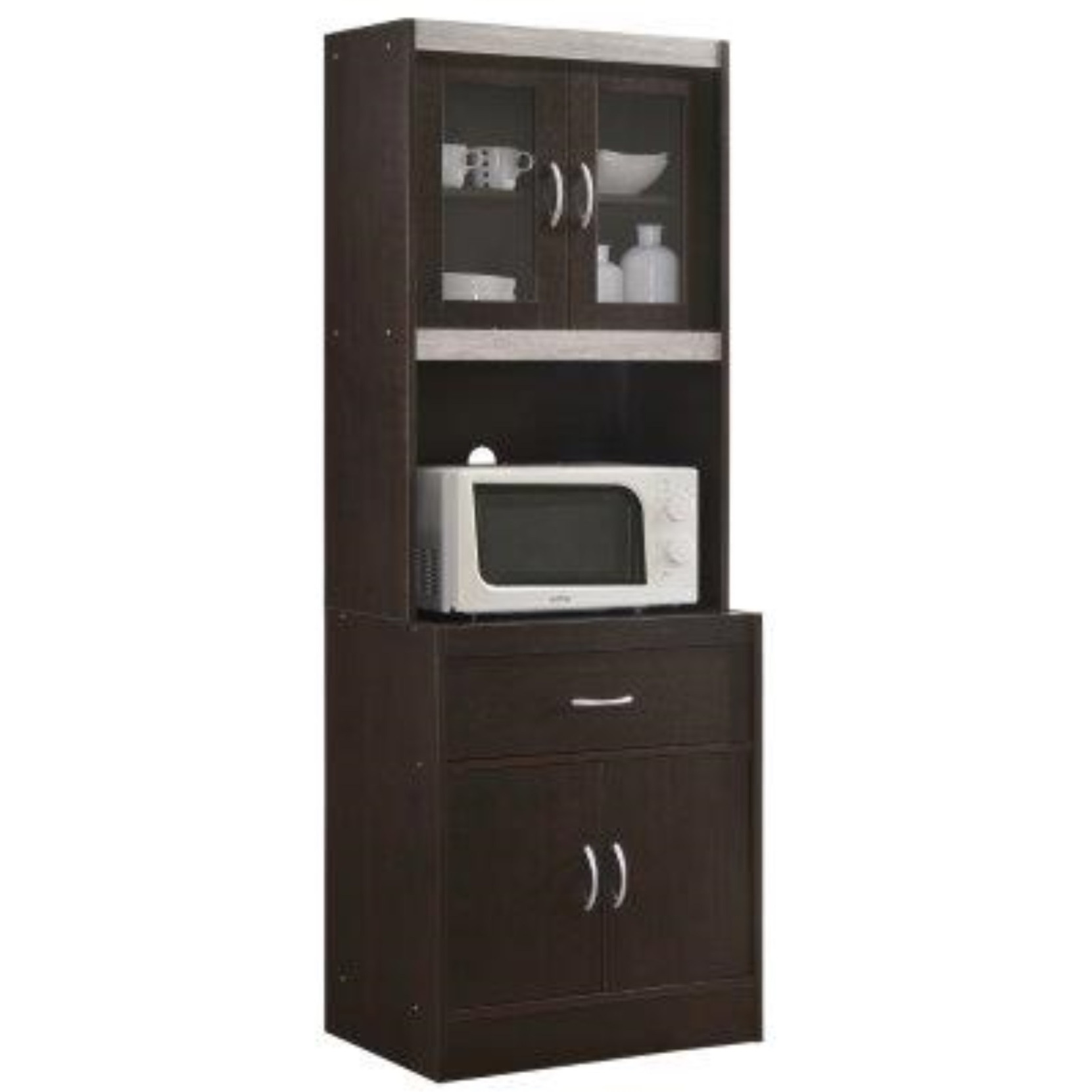 Hodedah Kitchen Cabinet with 1-Drawer, plus Space for Microwave in Chocolate-Grey