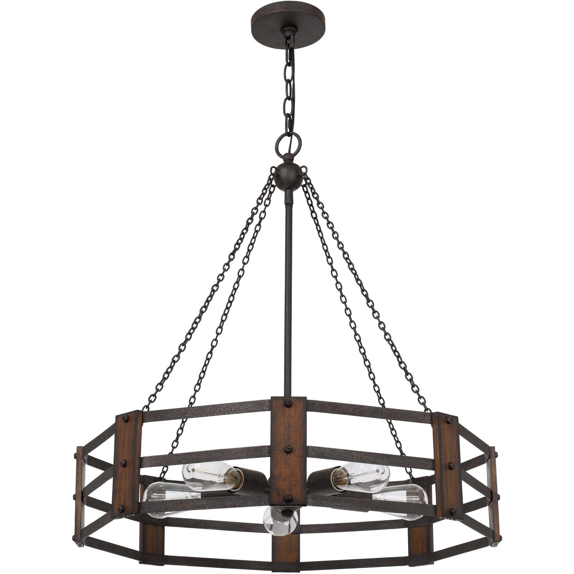 Chandelier with Octagonal Cage Design Metal Frame and Wood Accents, Brown