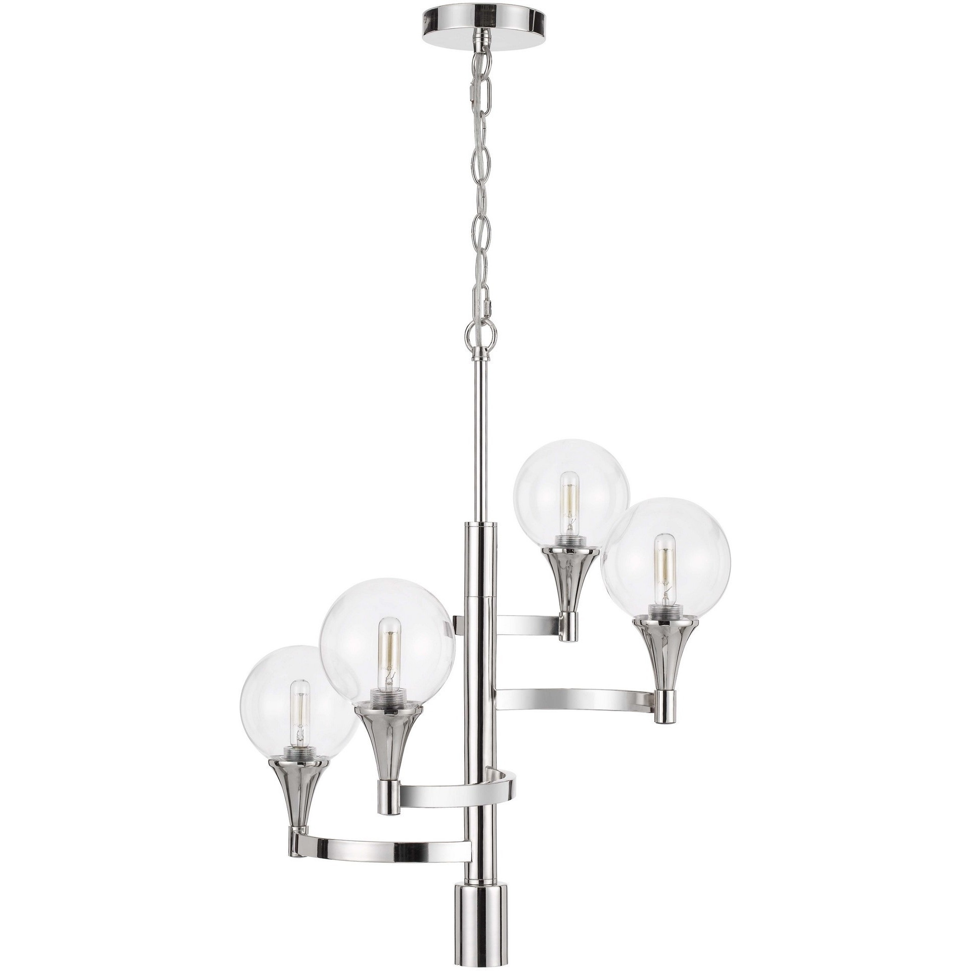 Chandelier with 4 Globe Glass Shades and Cone Design Holders, Chrome
