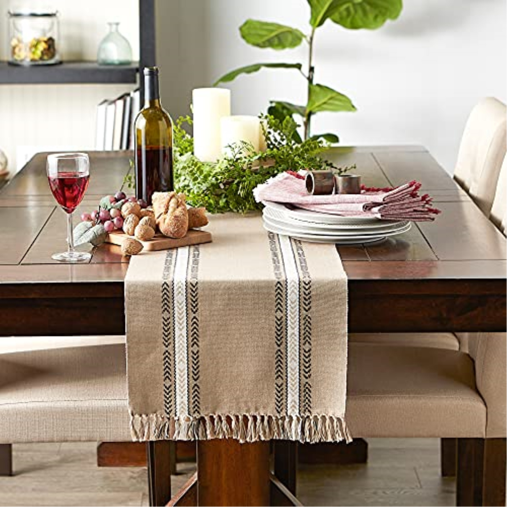 DII Stone Dobby Striped Fringe Ribbed Table Runner 14x72