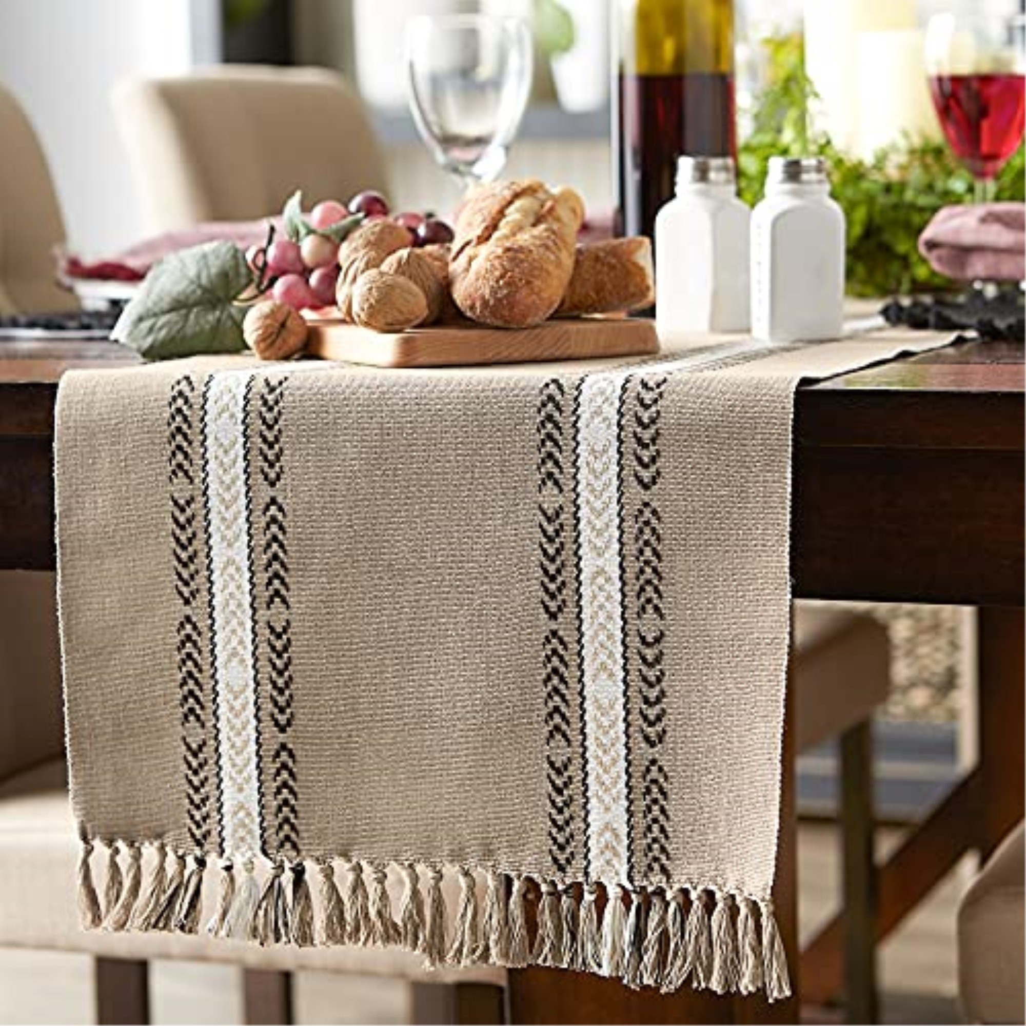 DII Stone Dobby Striped Fringe Ribbed Table Runner 14x108