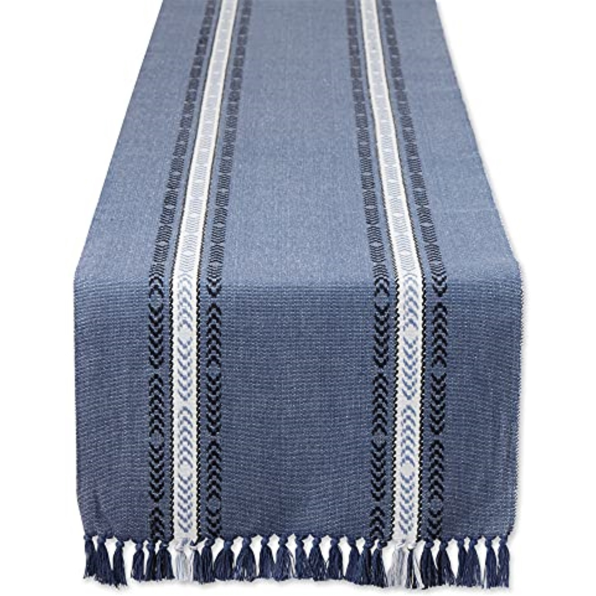 DII French Blue Dobby Striped Fringe Ribbed Table Runner 14x108