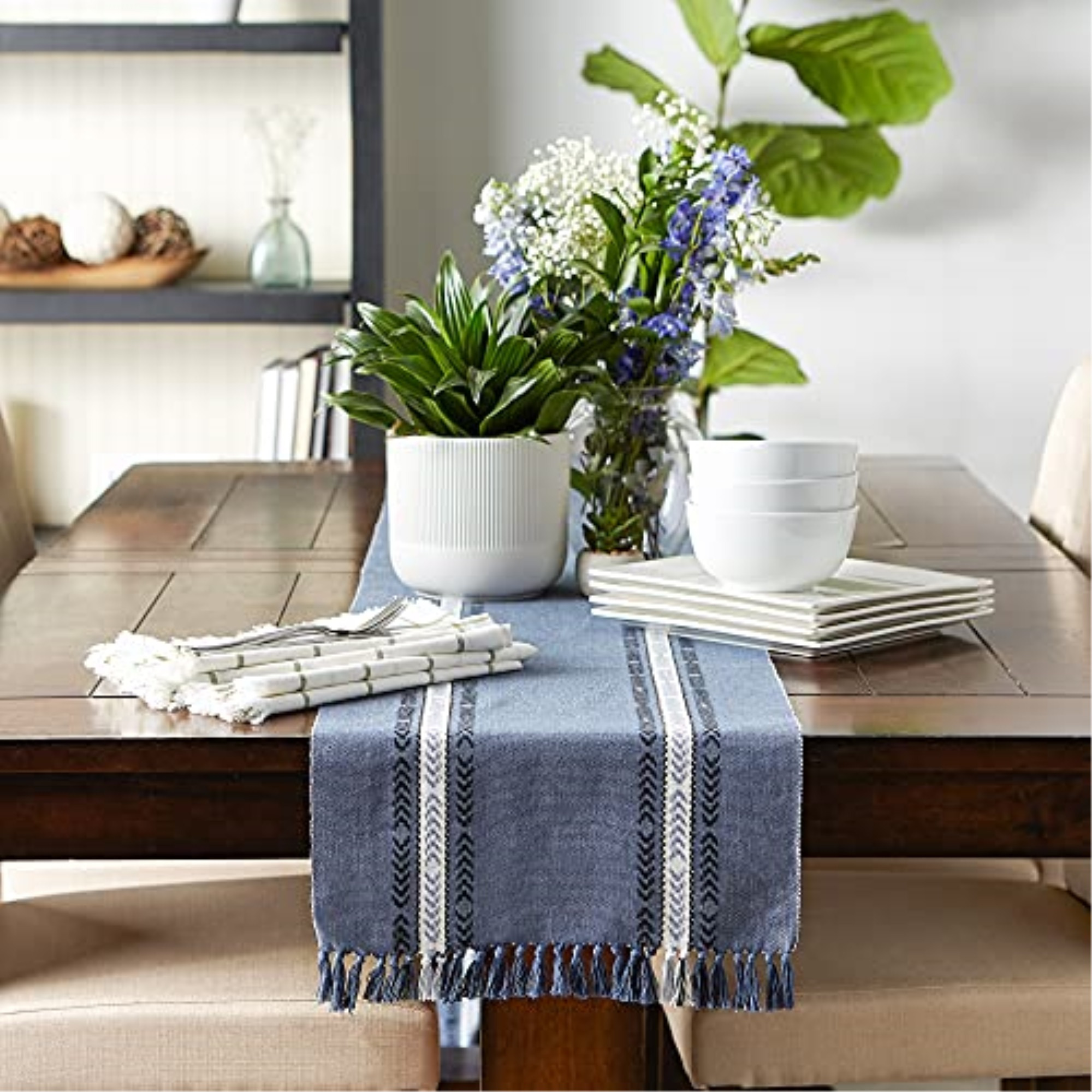 DII French Blue Dobby Striped Fringe Ribbed Table Runner 14x108