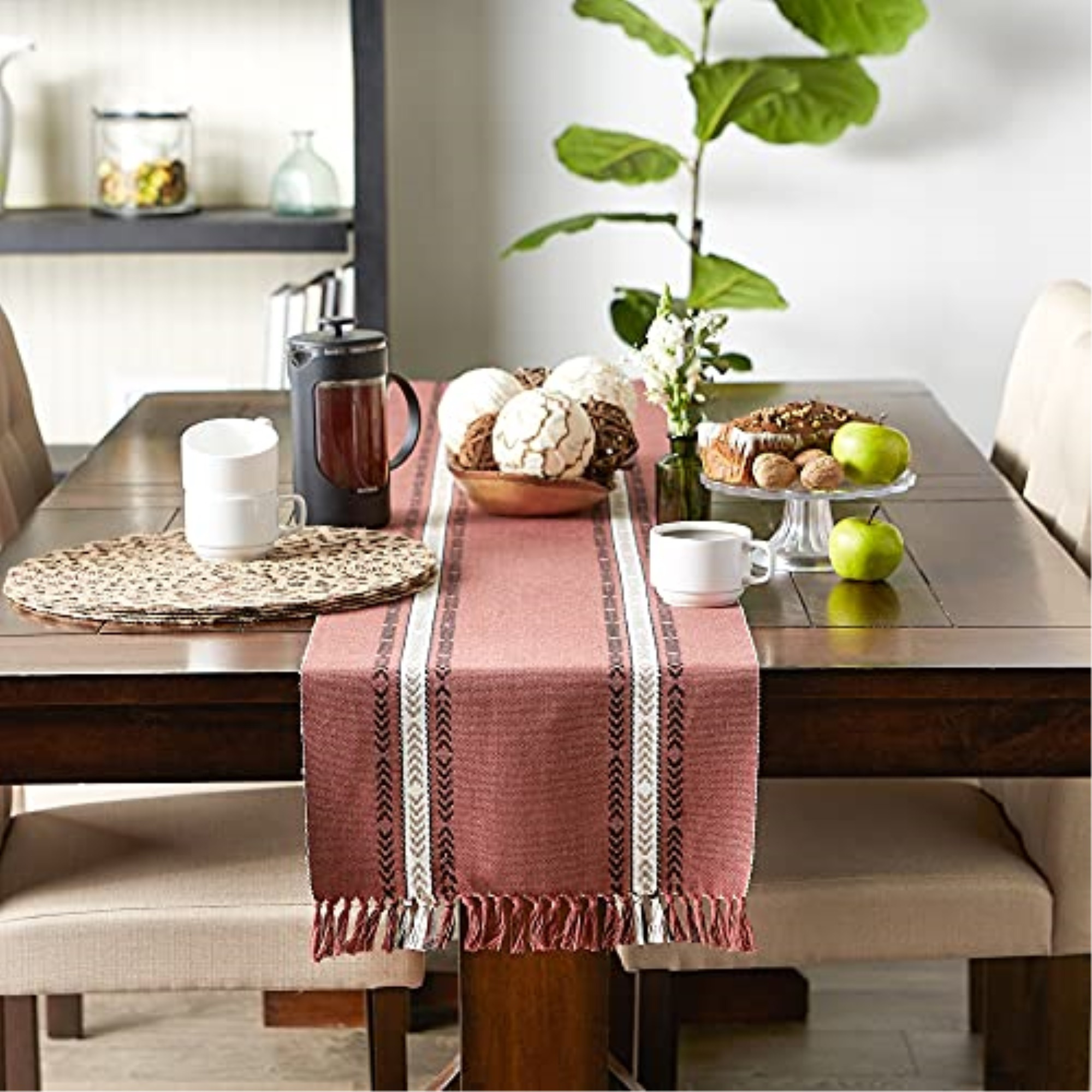 DII Clay Dobby Striped Fringe Ribbed Table Runner 14x72