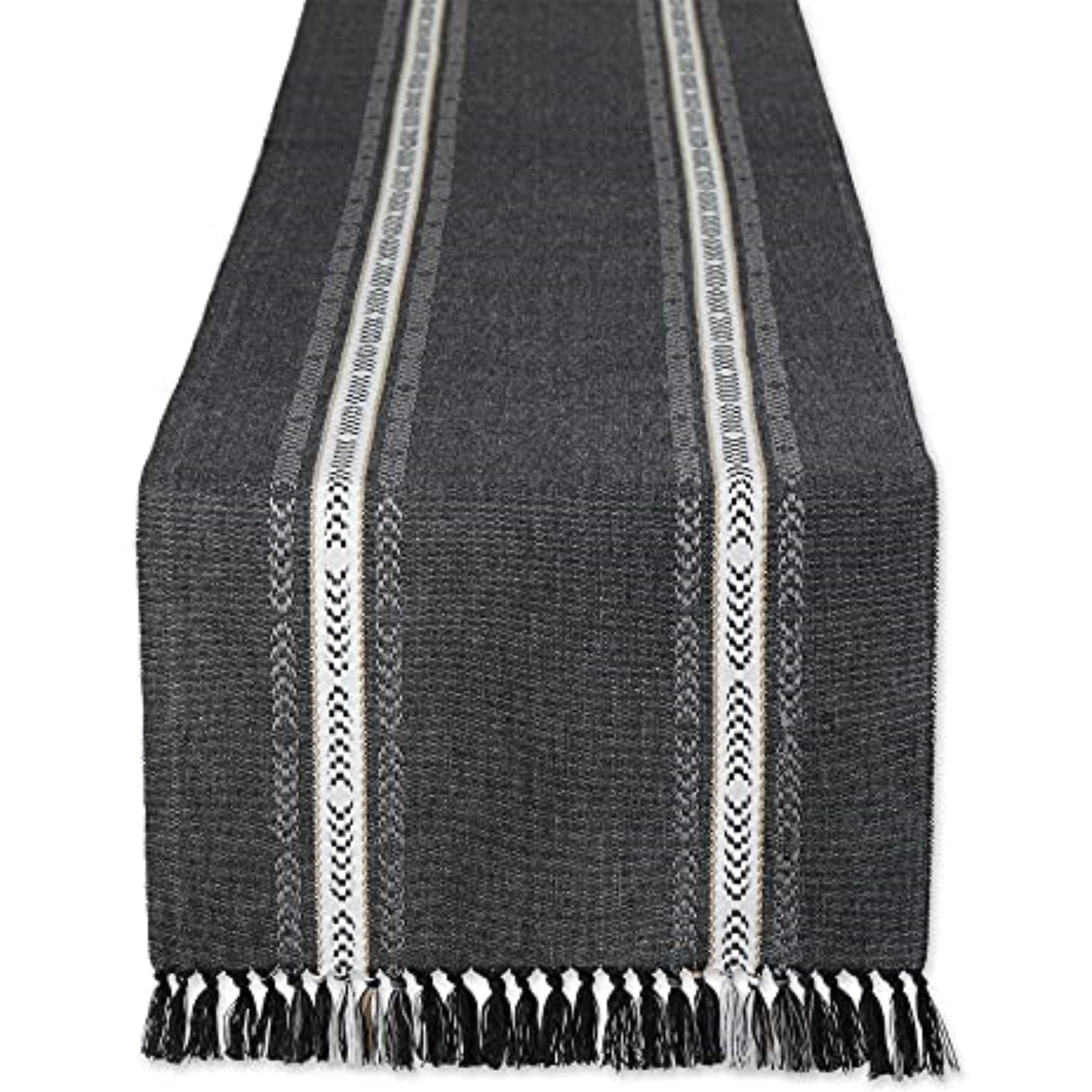 DII Black Dobby Striped Fringe Ribbed Table Runner 14x72
