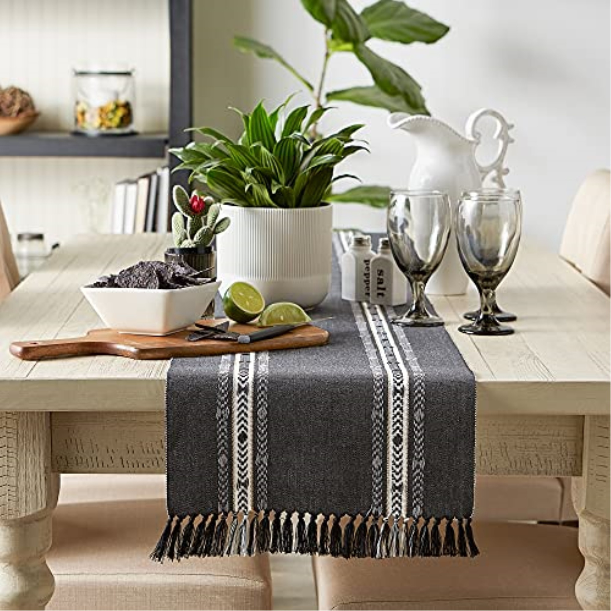 DII Black Dobby Striped Fringe Ribbed Table Runner 14x72