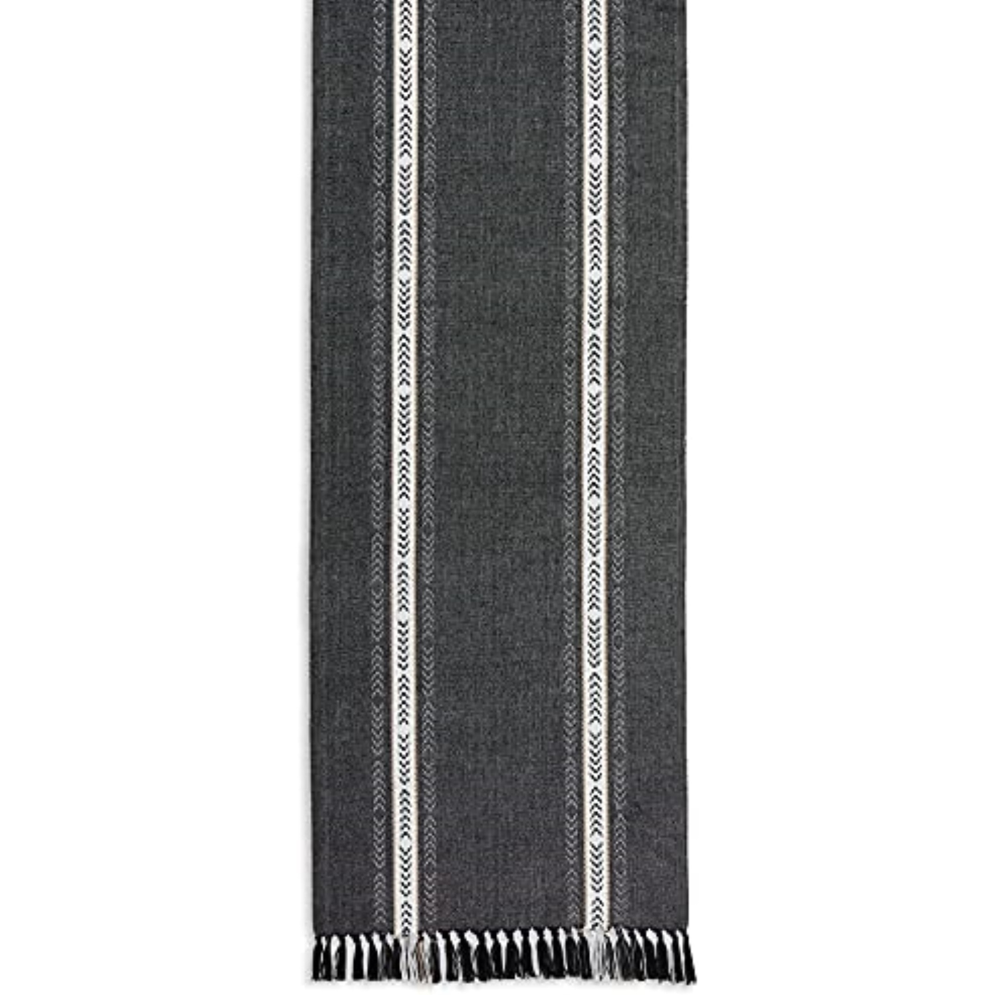 DII Black Dobby Striped Fringe Ribbed Table Runner 14x72