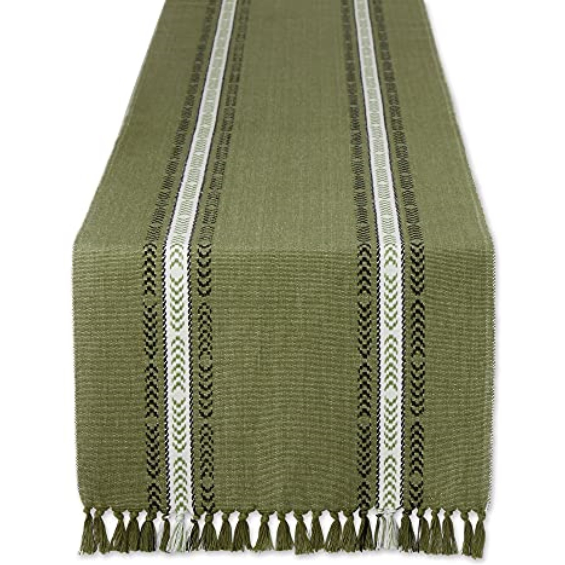 DII Olive Green Dobby Striped Fringe Ribbed Table Runner 14x108