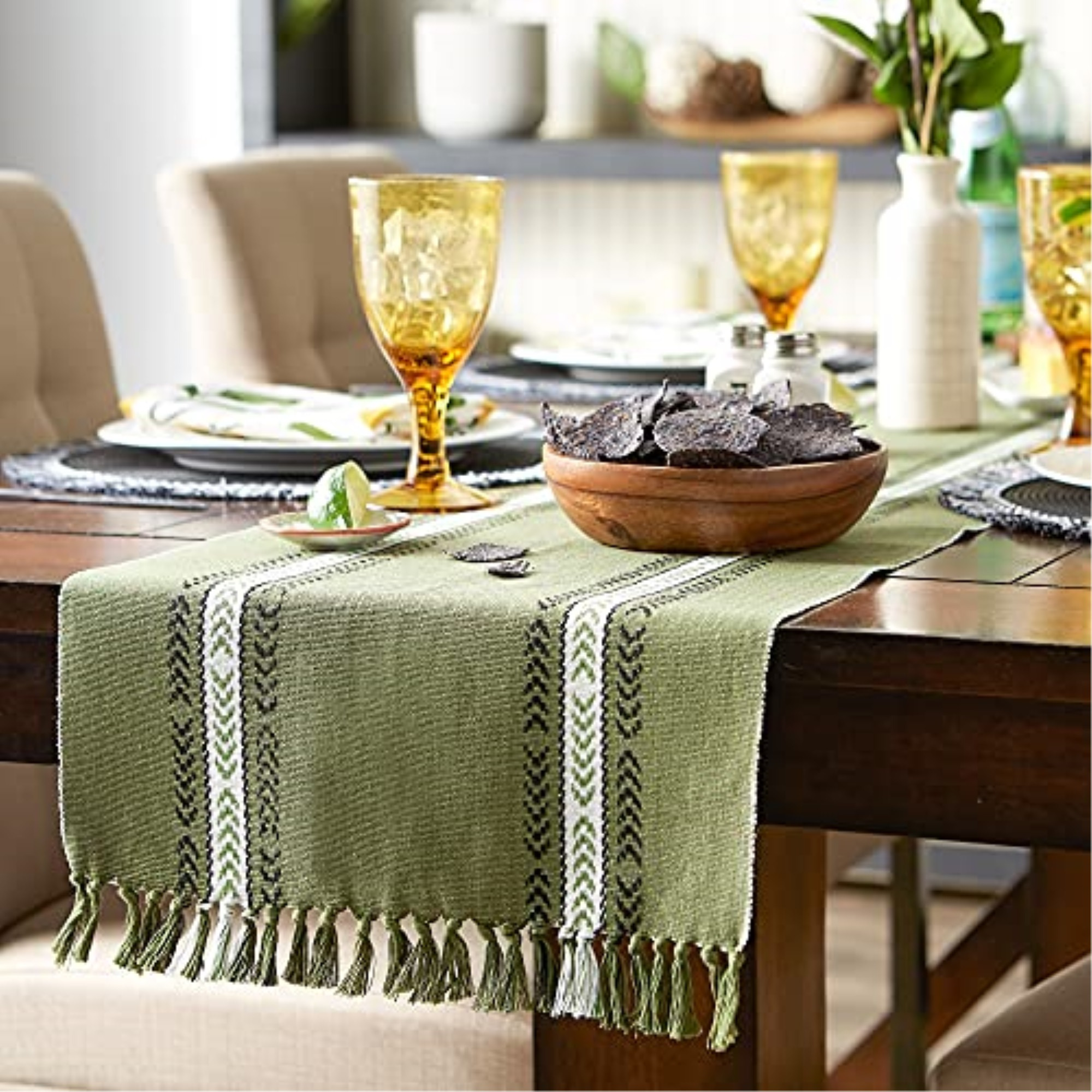 DII Olive Green Dobby Striped Fringe Ribbed Table Runner 14x108