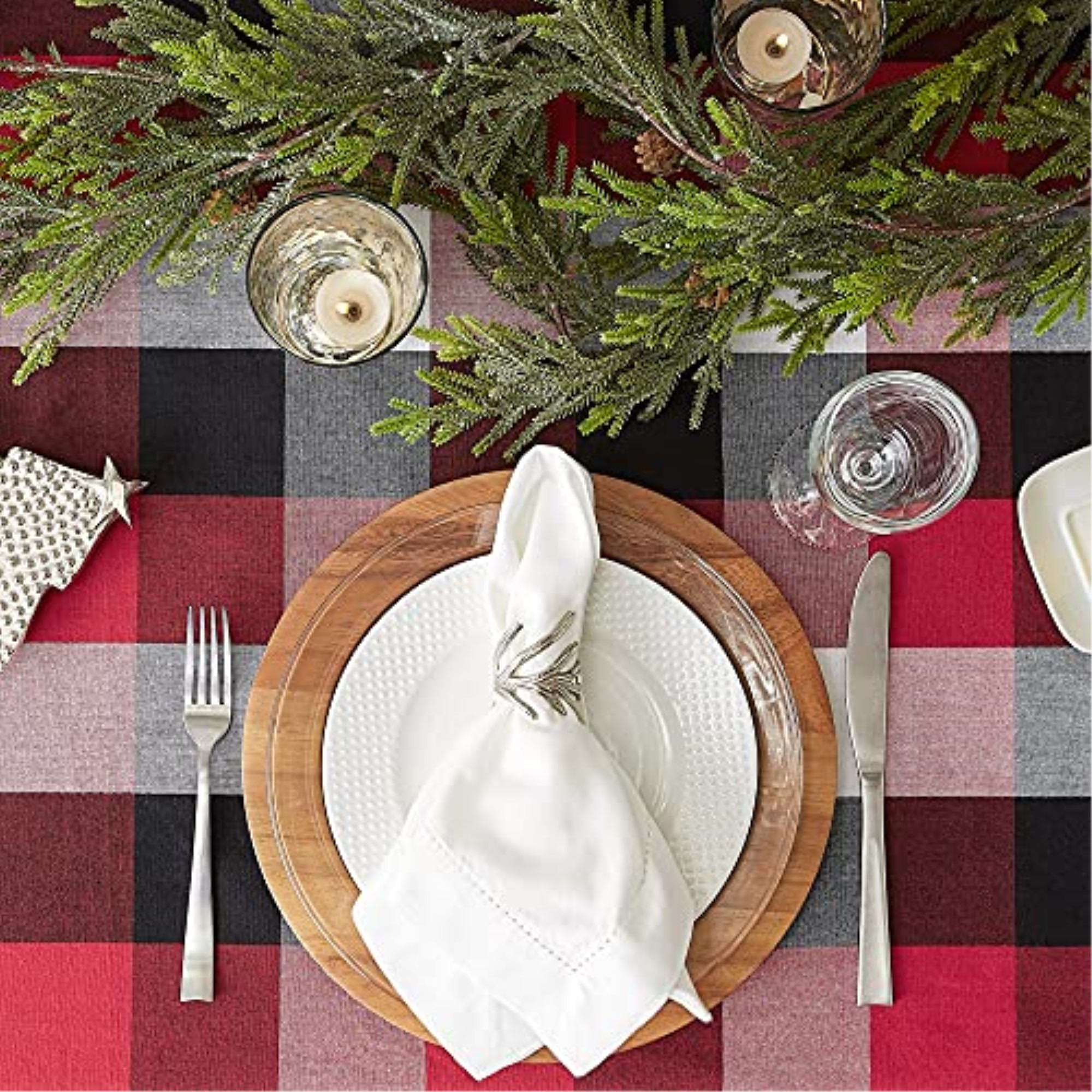 DII Cardinal Red Tri Color Check Tablecloth 70 Round