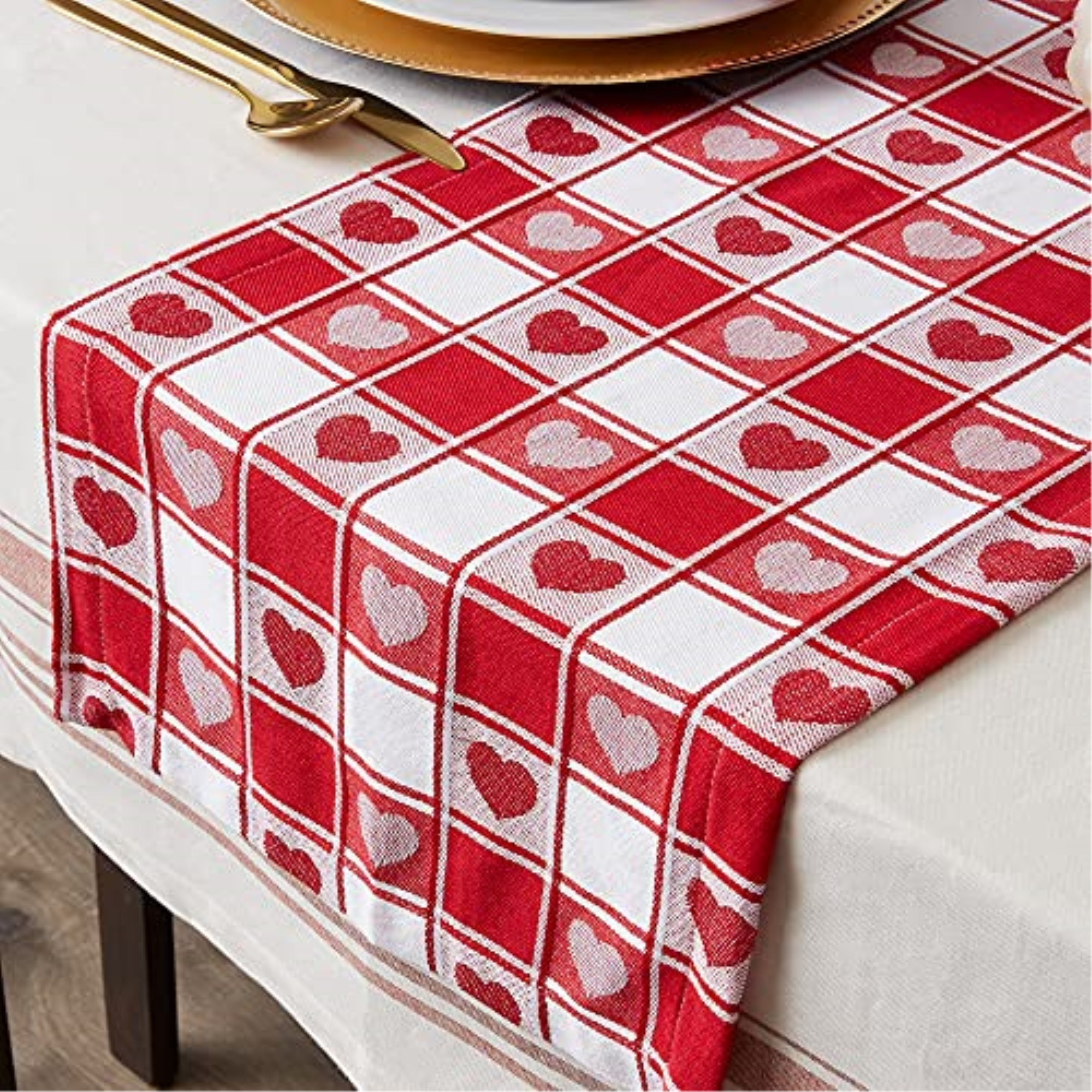 DII Hearts Woven Check Table Runner 14x108"