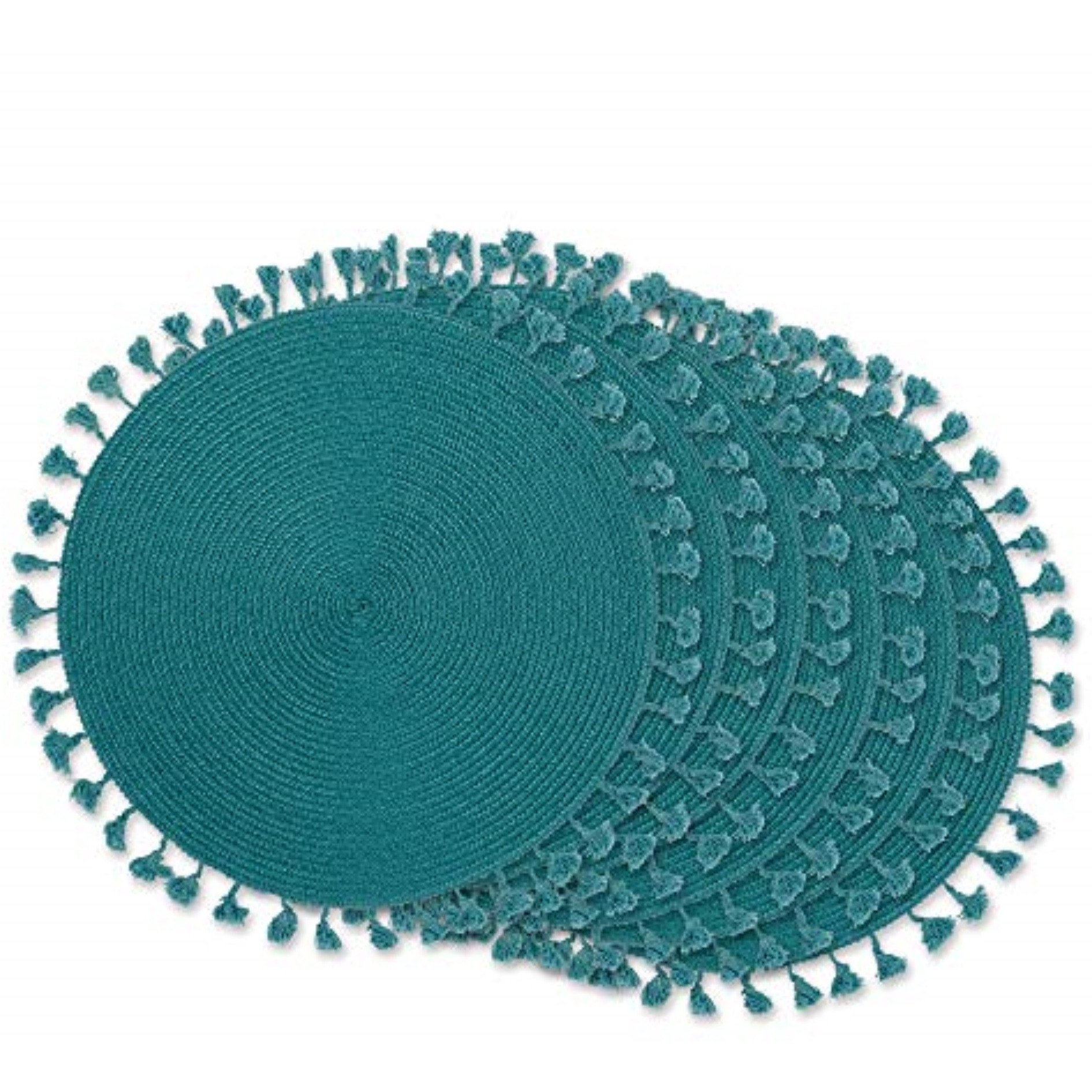 DII Teal Tassel Fringe Pp Woven Round Placemat Set of 6