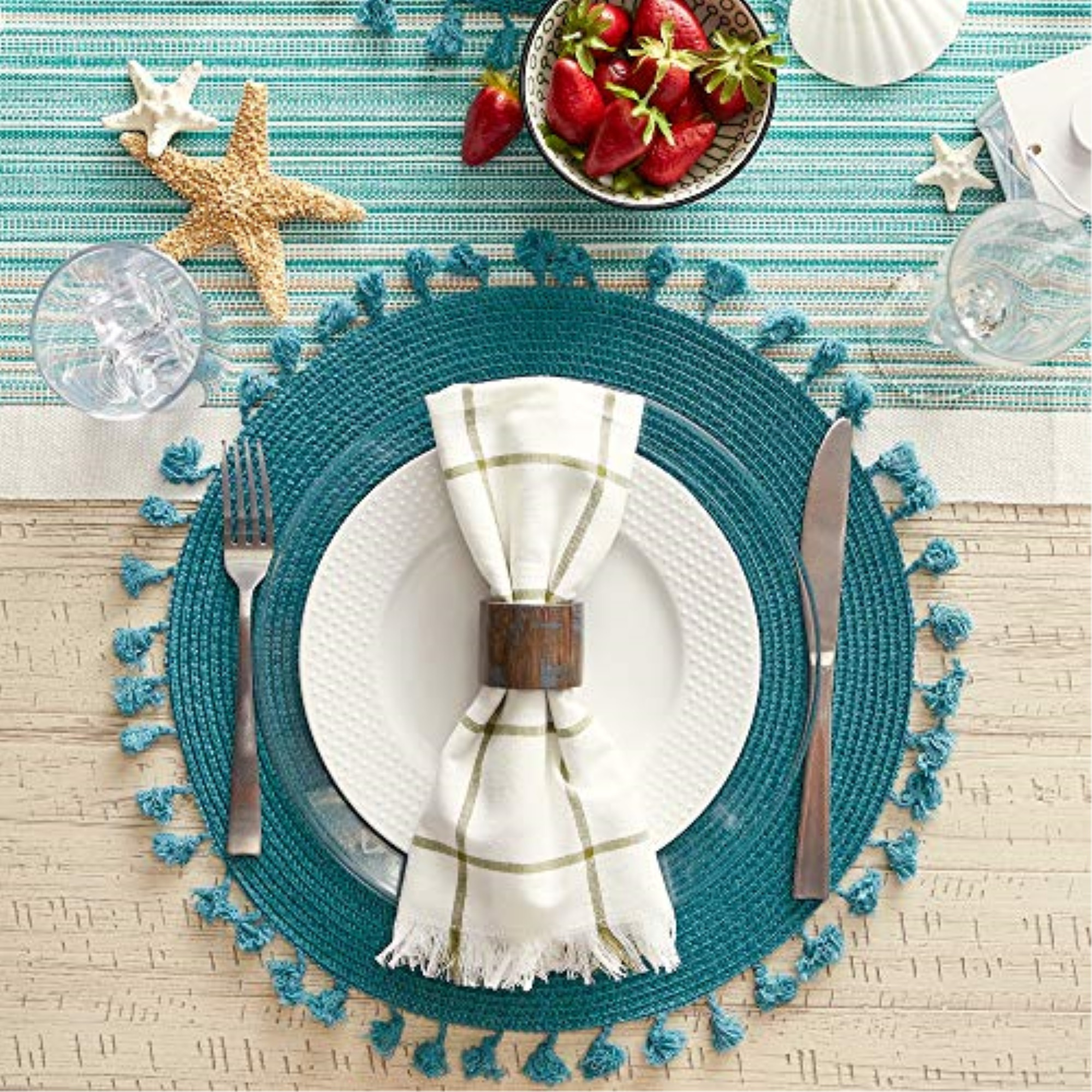 DII Teal Tassel Fringe Pp Woven Round Placemat Set of 6