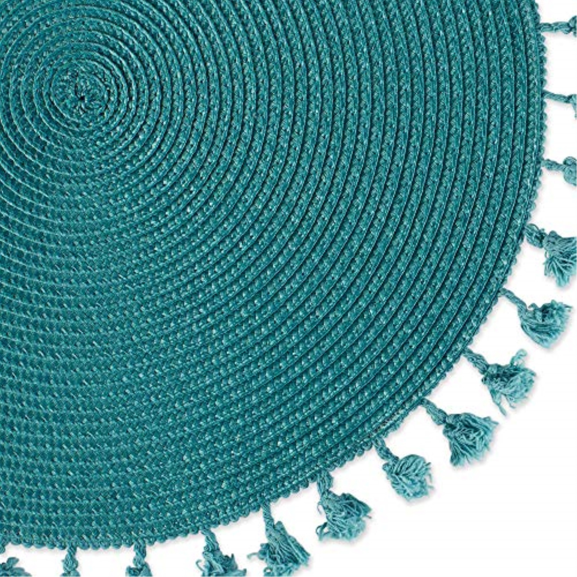 DII Teal Tassel Fringe Pp Woven Round Placemat Set of 6