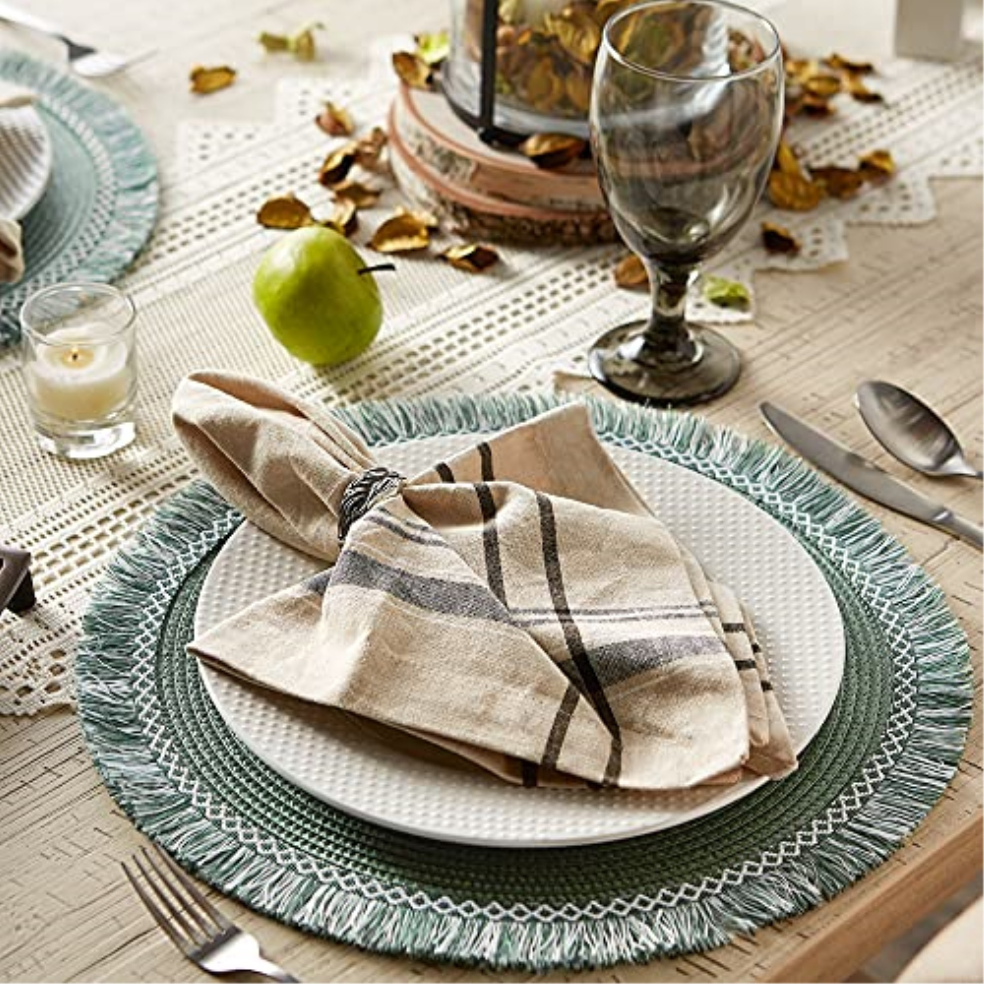 DII Dark Green Round Fringed Placemat Set of 6