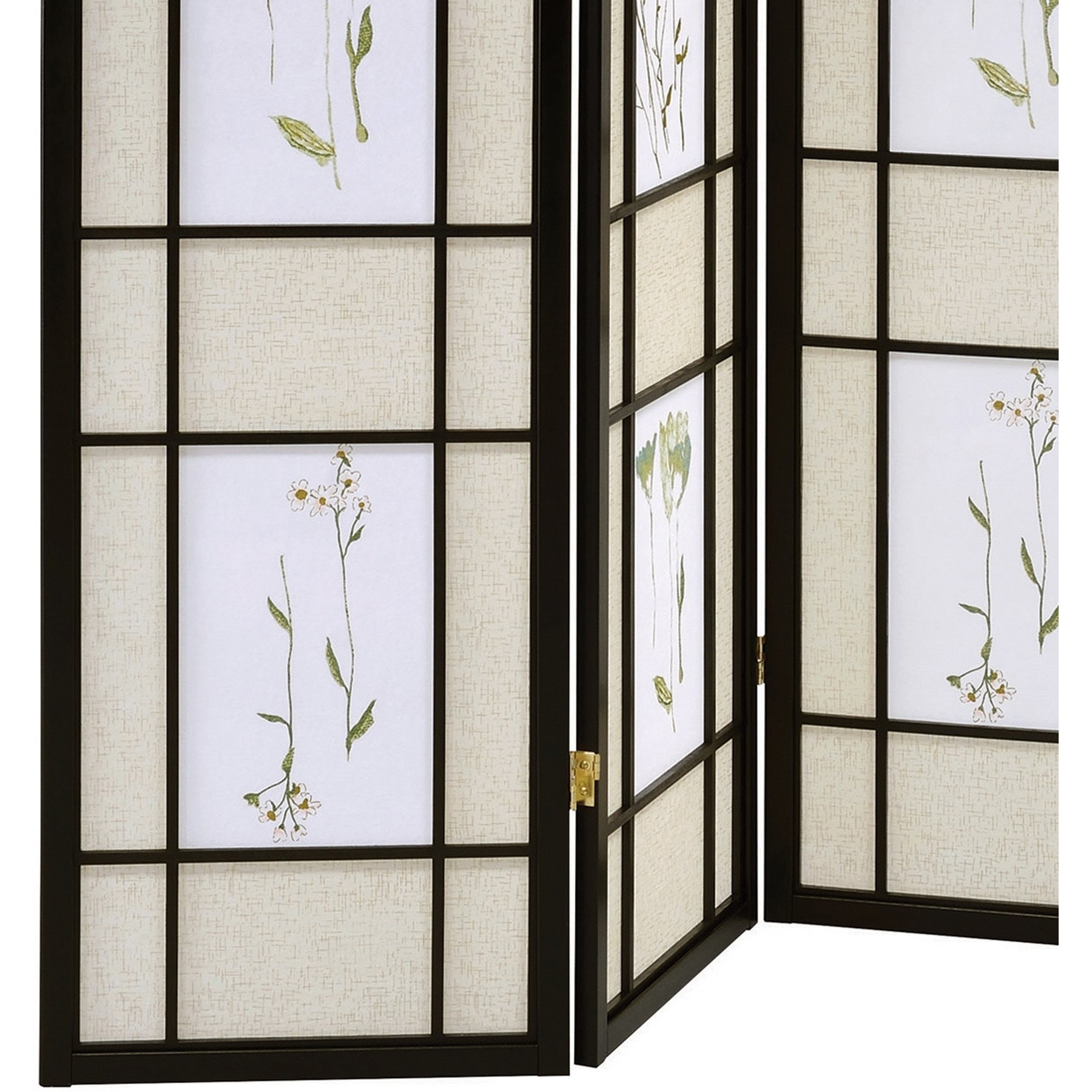 4 Panel Screen with Floral Print Detailing and Wooden Frame, Black