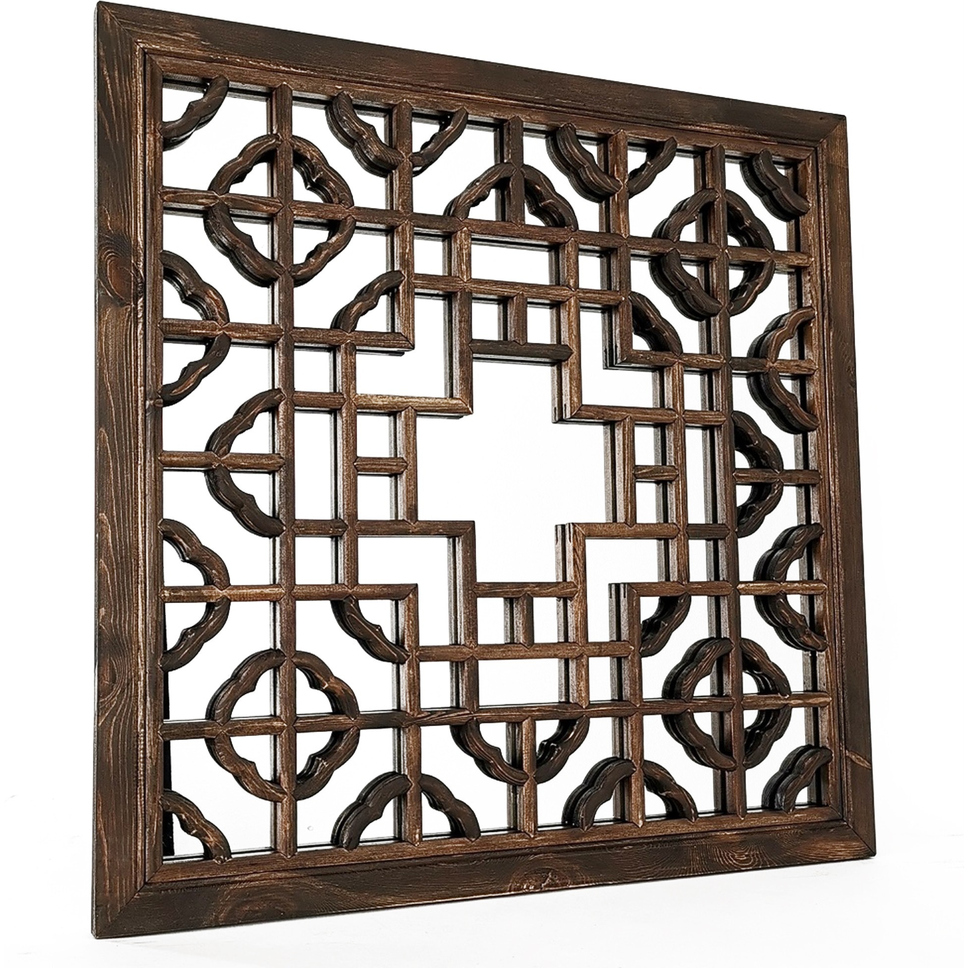 Mirror with Square Wooden Frame and Quatrefoil Motif Front, Brown