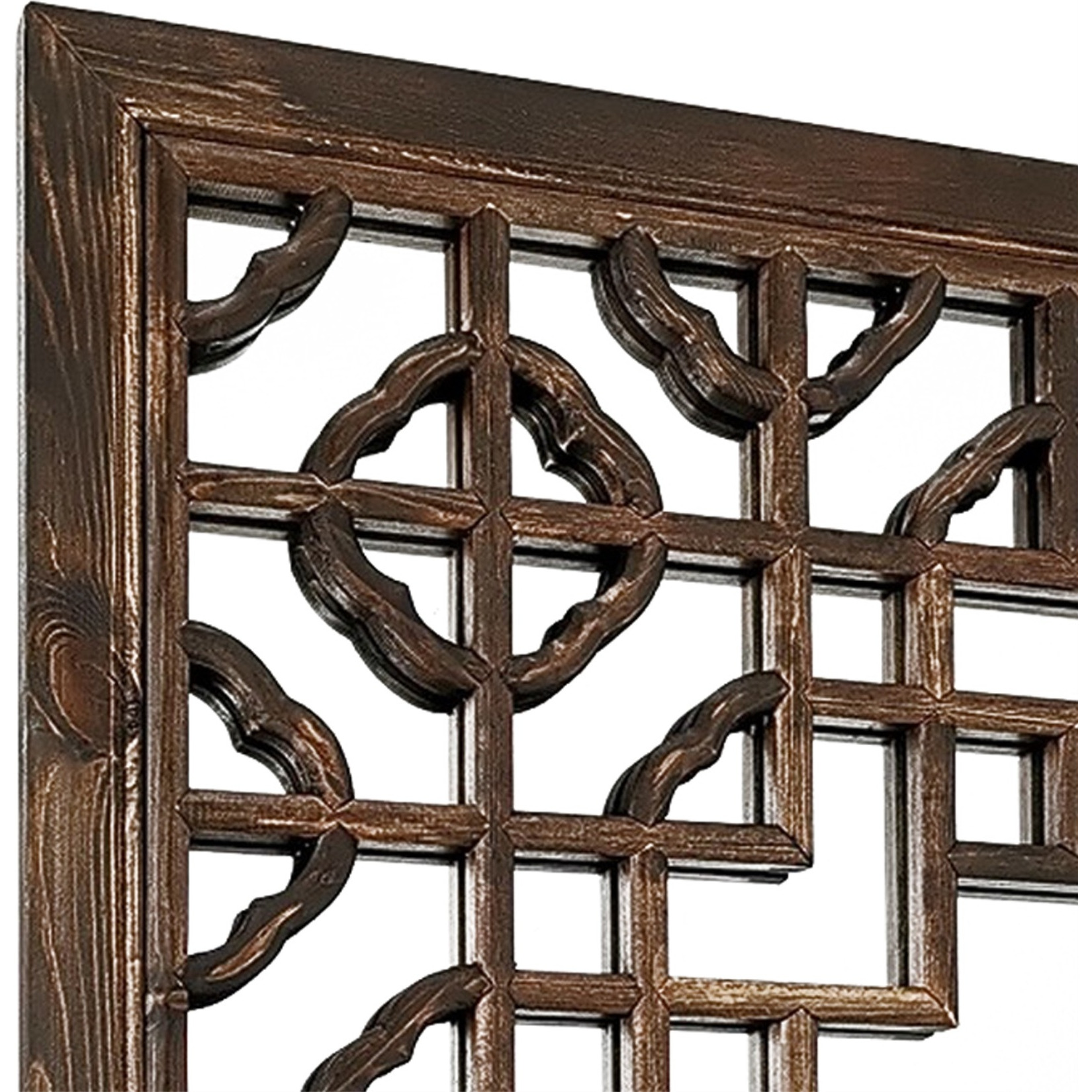 Mirror with Square Wooden Frame and Quatrefoil Motif Front, Brown
