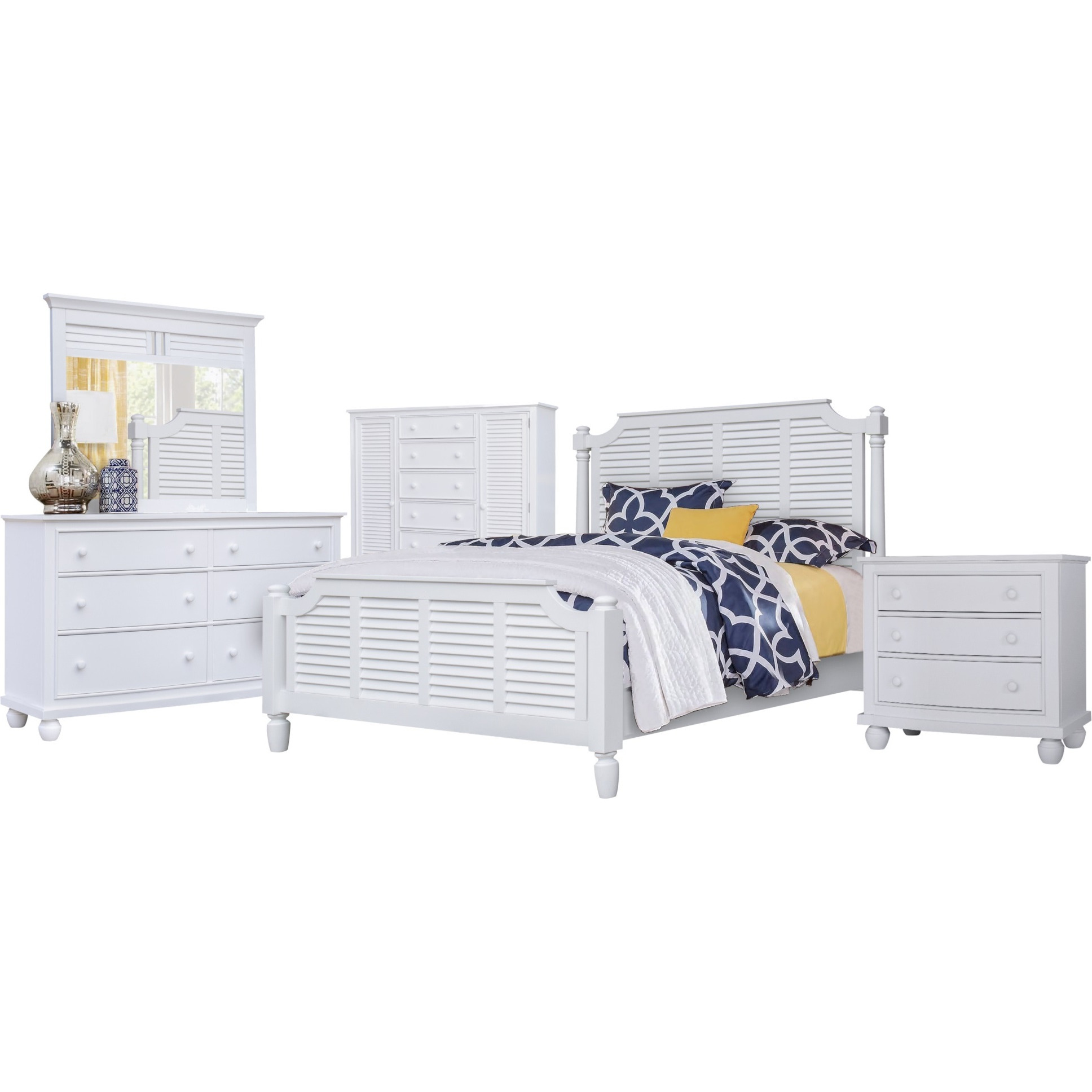 Sunset Trading White Shutter Wood 5 Piece Queen Bedroom Set | 3 Drawer Nightstand