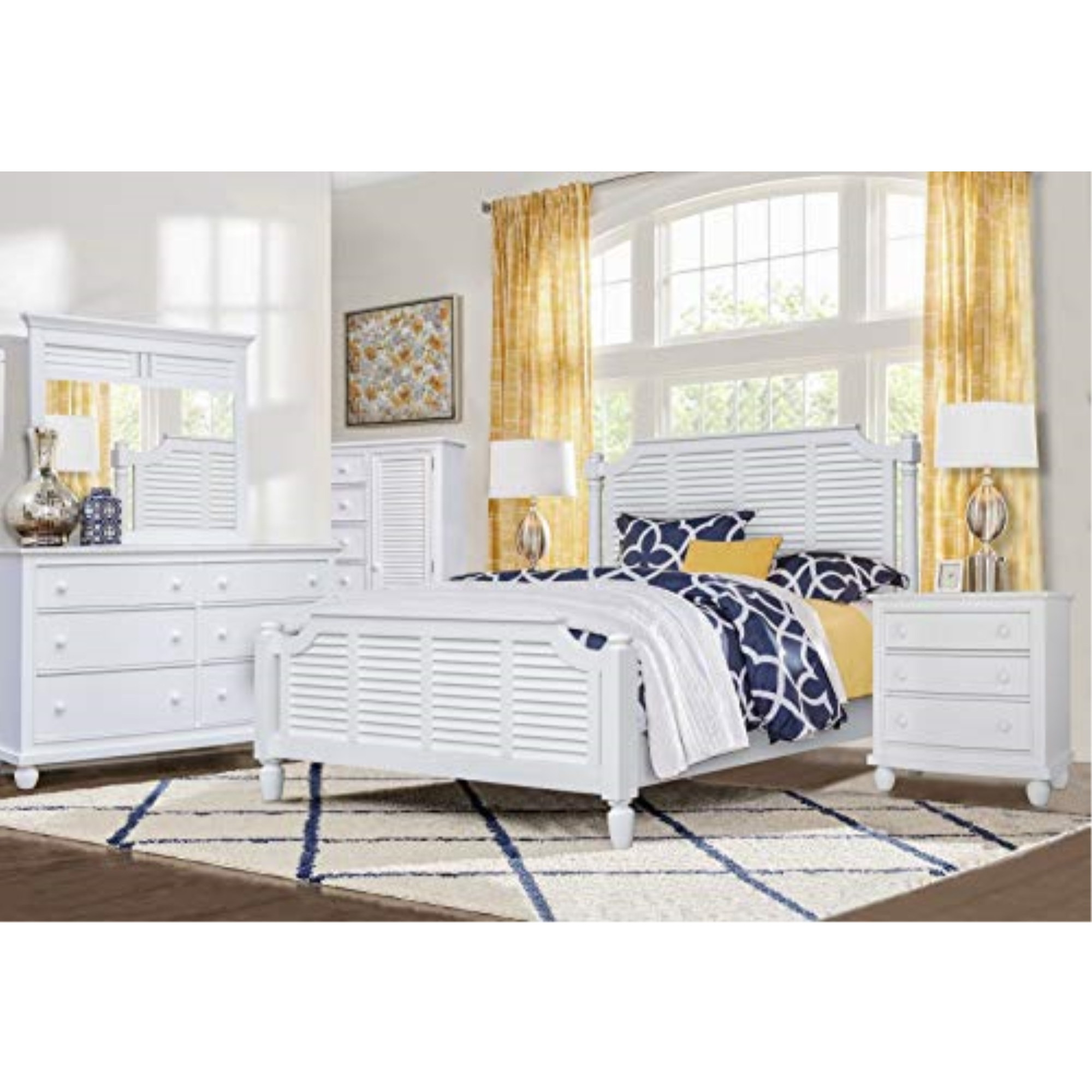 Sunset Trading White Shutter Wood 5 Piece Queen Bedroom Set | 3 Drawer Nightstand