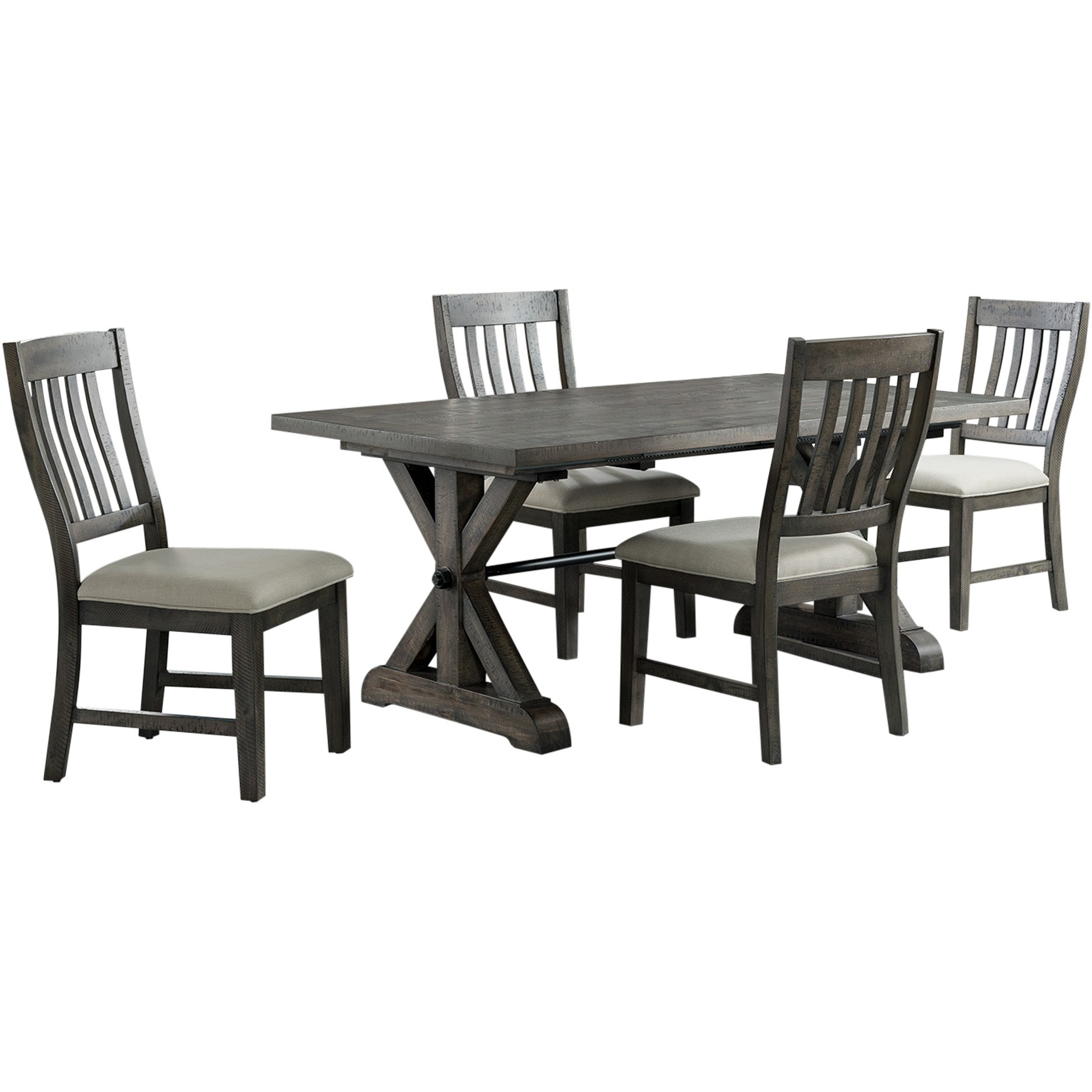 Sunset Trading Trestle 5 Piece Dining Set | 96" Rectangular Extendable Table | 4 Upholstered Side Chairs | Distressed Gray Wood | Seats 8