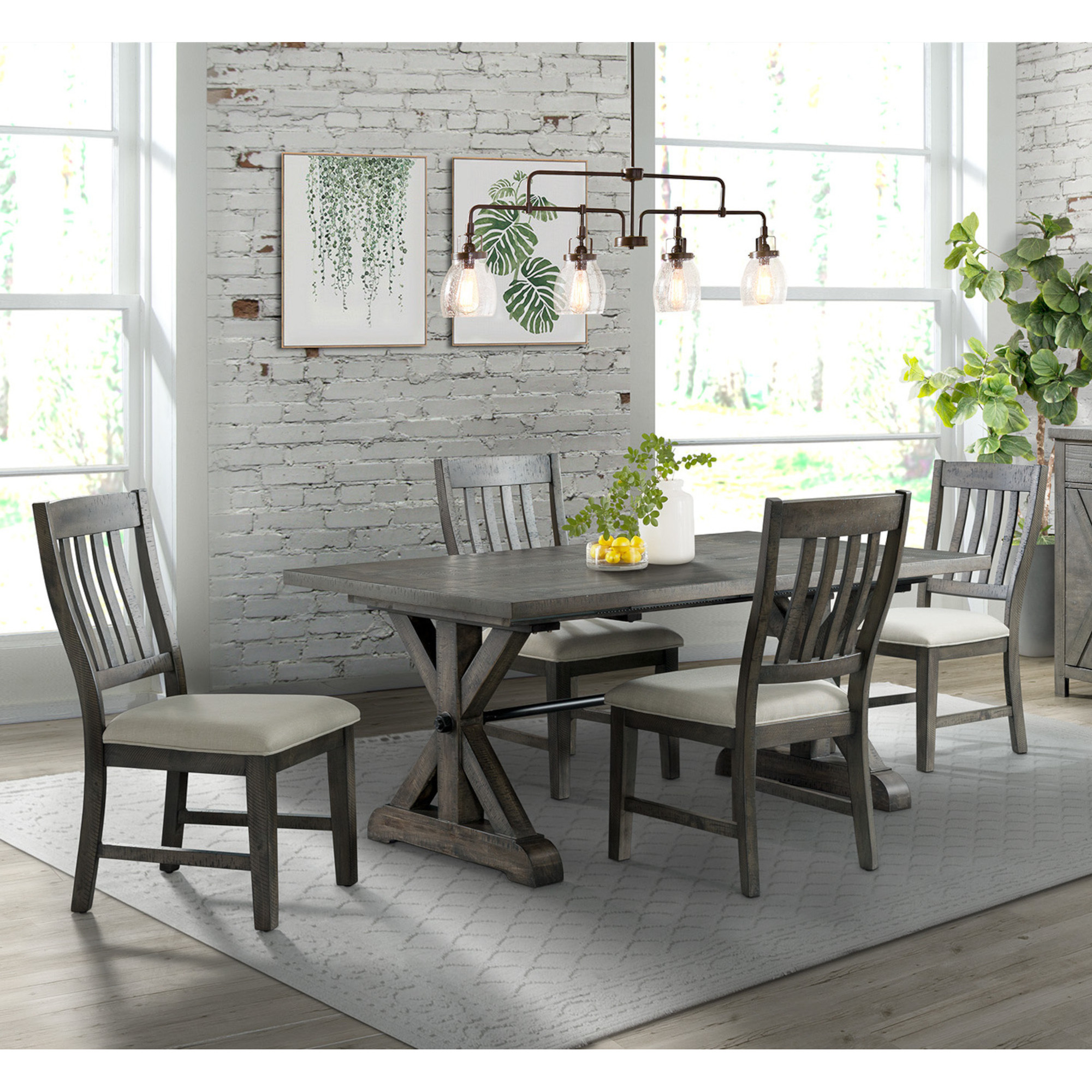 Sunset Trading Trestle 5 Piece Dining Set | 96" Rectangular Extendable Table | 4 Upholstered Side Chairs | Distressed Gray Wood | Seats 8