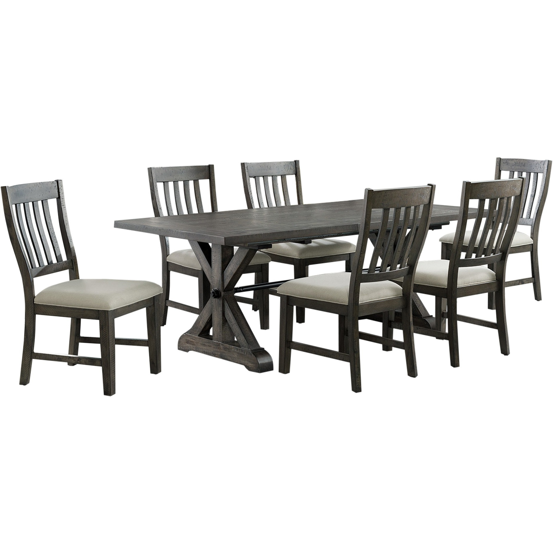 Sunset Trading Trestle 7 Piece Dining Set | 96" Rectangular Extendable Table | 6 Upholstered Side Chairs | Distressed Gray Wood | Seats 8