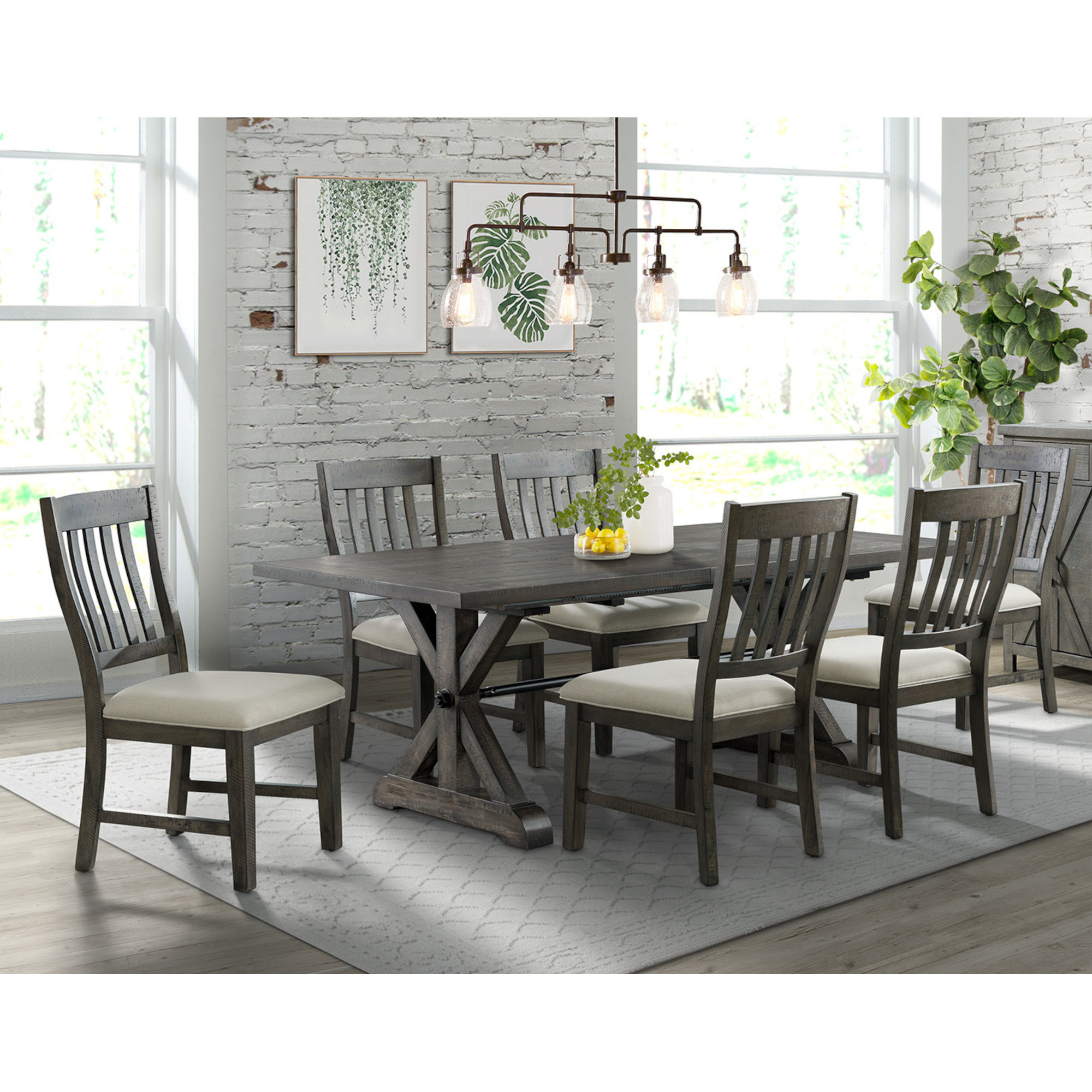 Sunset Trading Trestle 7 Piece Dining Set | 96" Rectangular Extendable Table | 6 Upholstered Side Chairs | Distressed Gray Wood | Seats 8