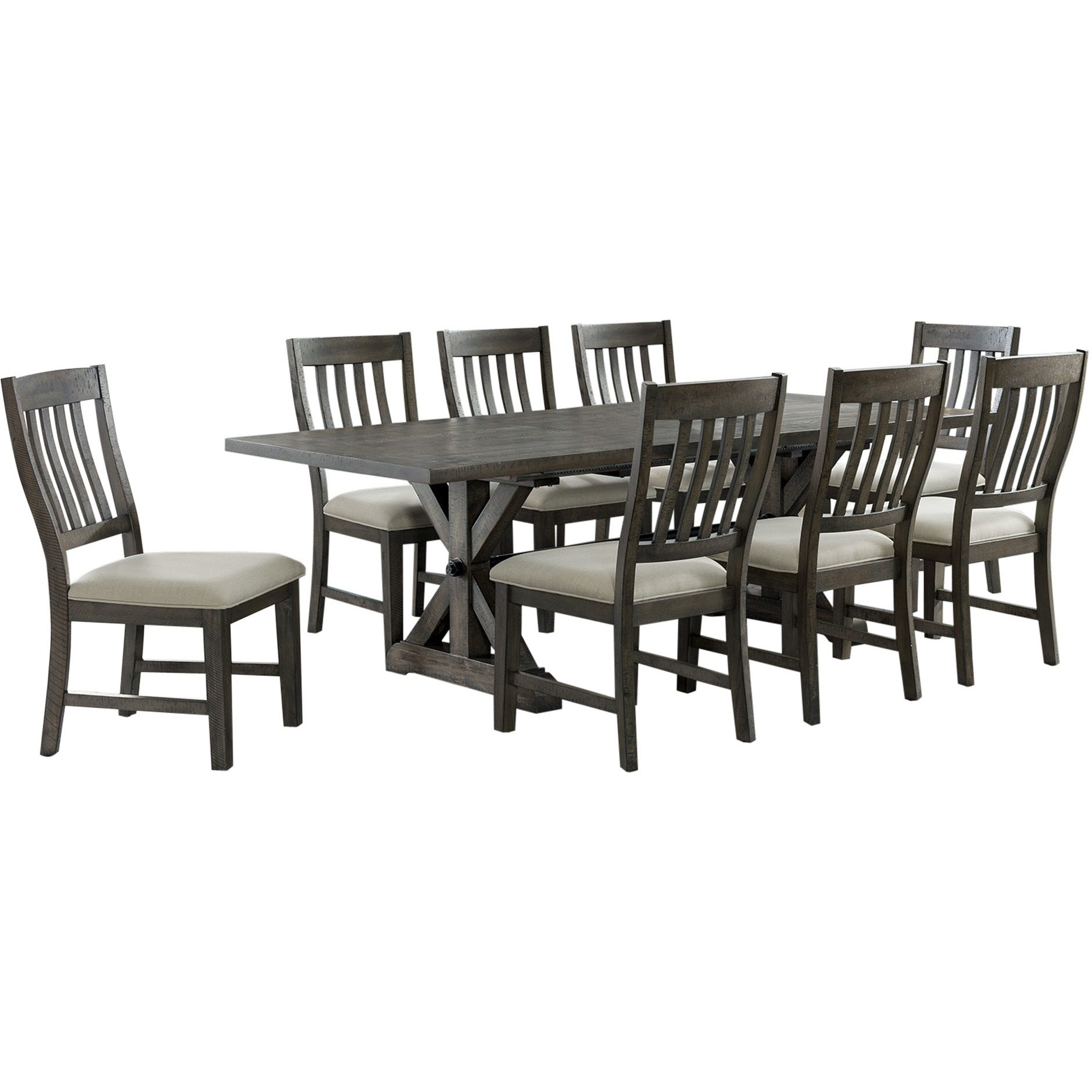 Sunset Trading Trestle 9 Piece Dining Set | 96" Rectangular Extendable Table | 8 Upholstered Side Chairs | Distressed Gray Wood | Seats 8