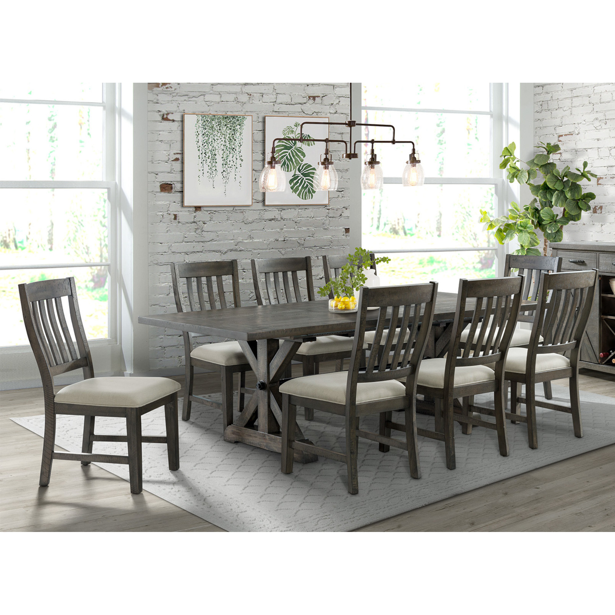 Sunset Trading Trestle 9 Piece Dining Set | 96" Rectangular Extendable Table | 8 Upholstered Side Chairs | Distressed Gray Wood | Seats 8