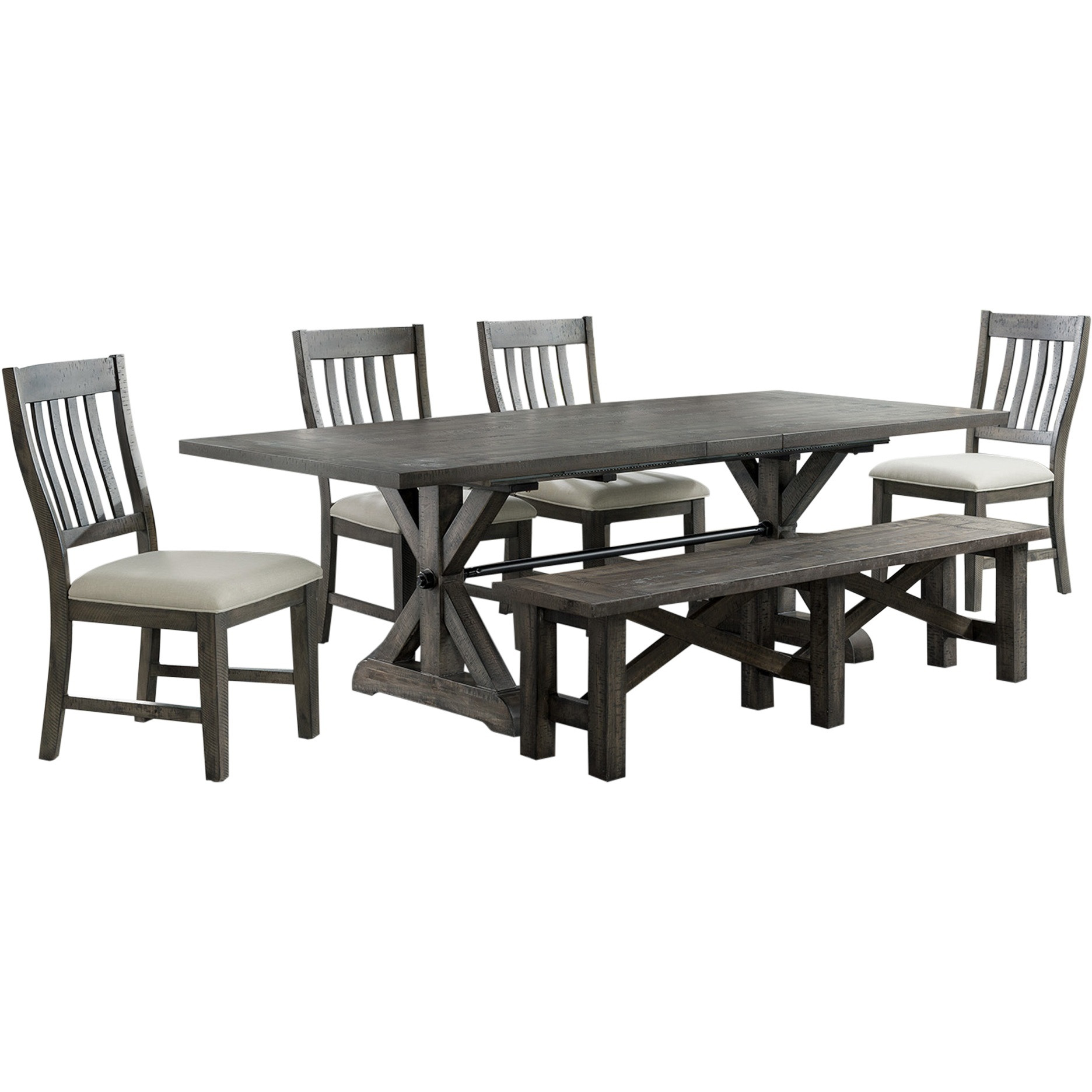 Sunset Trading Trestle 6 Piece Dining Set with Bench | 96" Rectangular Extendable Table | 4 Upholstered Side Chairs | Distressed Gray Wood | Seats 8