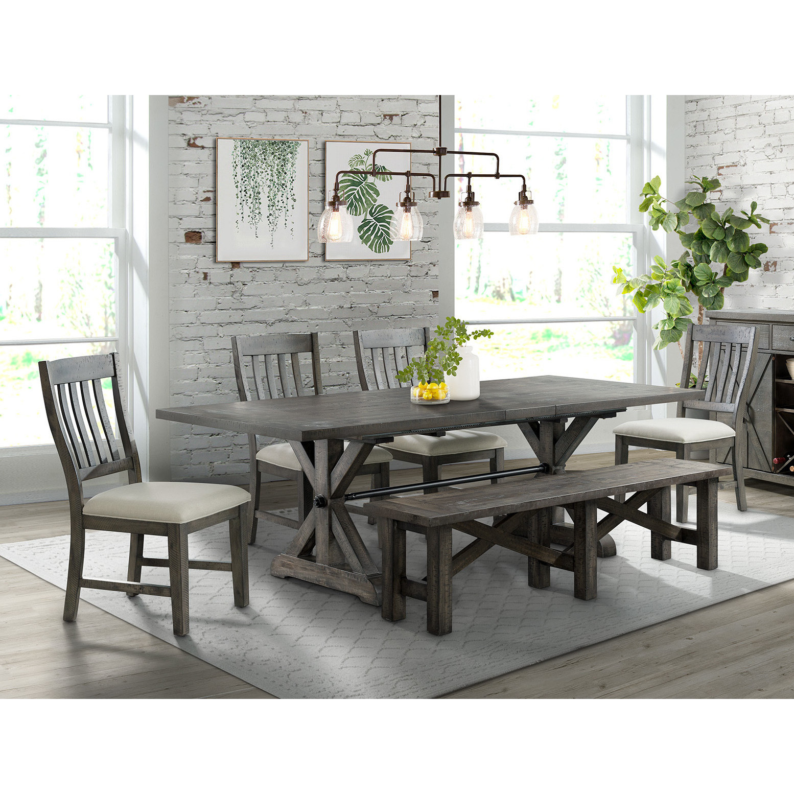 Sunset Trading Trestle 6 Piece Dining Set with Bench | 96" Rectangular Extendable Table | 4 Upholstered Side Chairs | Distressed Gray Wood | Seats 8