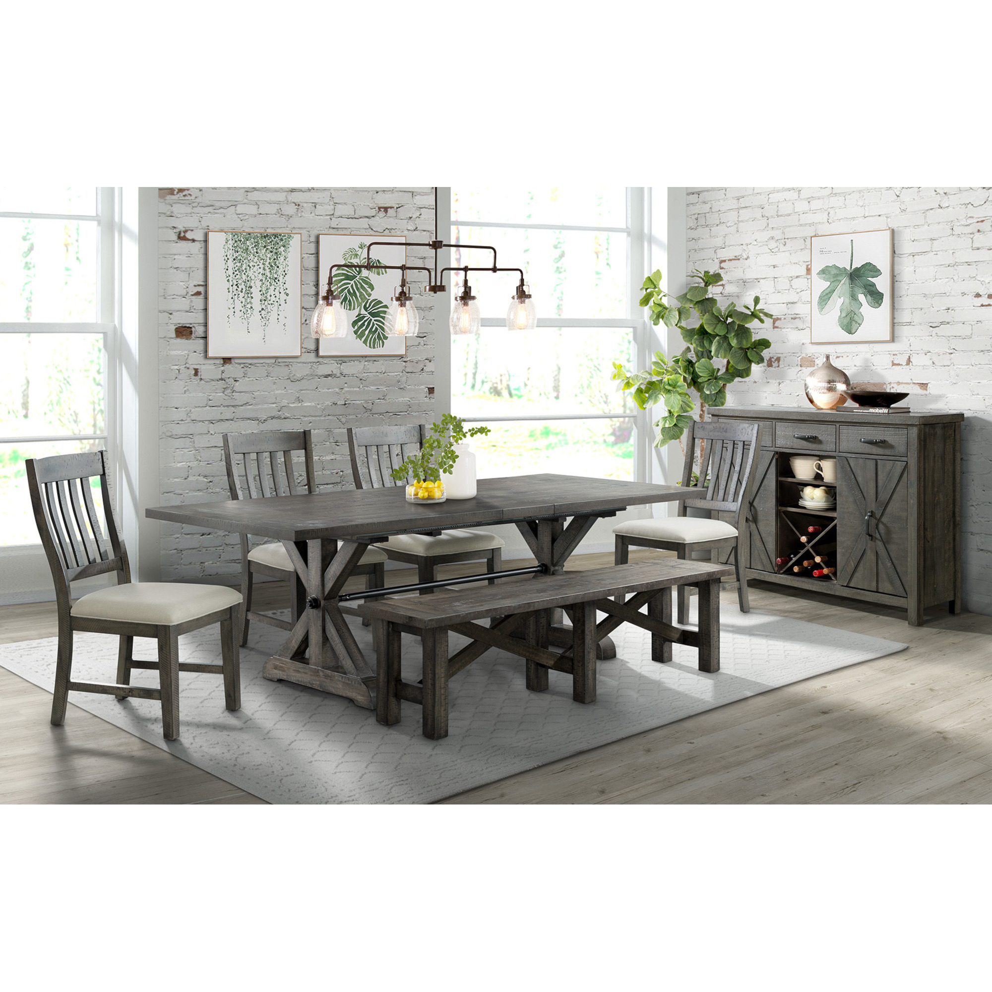 Sunset Trading Trestle 7 Piece Dining Set with Bench | 96" Rectangular Extendable Table | 4 Upholstered Side Chairs | Server with 20 Bottle Wine Rack | Distressed Gray Wood | Seats 8