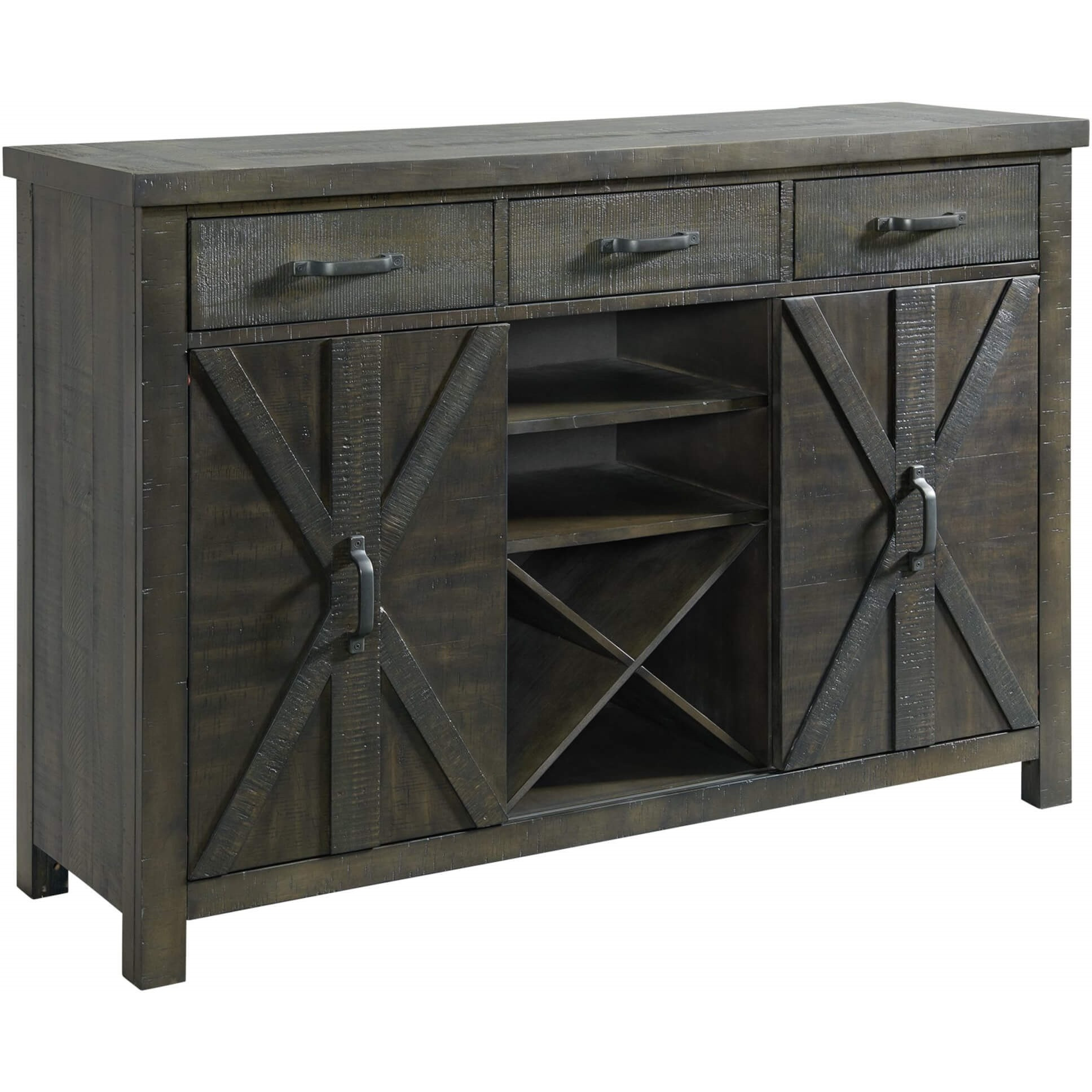 Sunset Trading Trestle Server with 20 Bottle Wine Rack | Sideboard Dining Storage Cabinet Shelves Drawers | Distressed Gray Wood